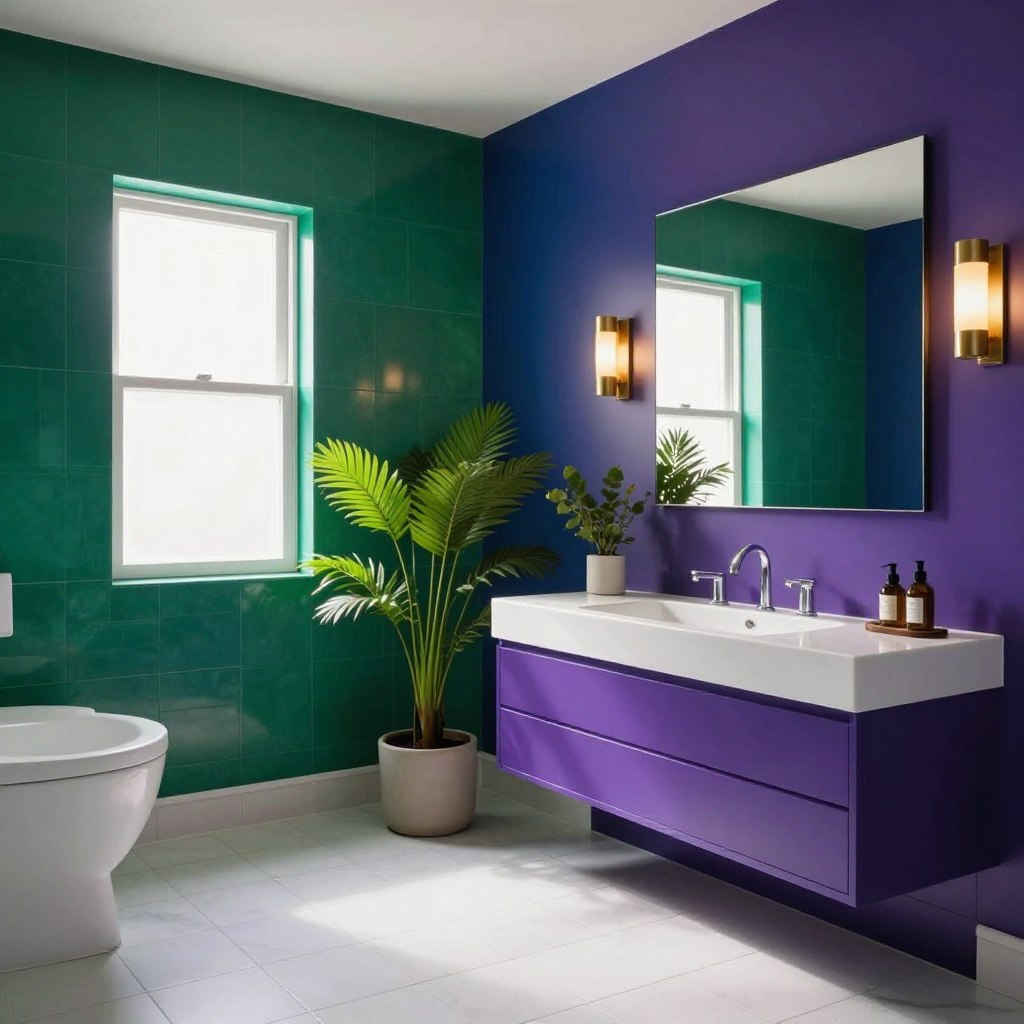 A stunning bathroom showcasing vibrant jewel tone walls in rich emerald green, deep sapphire blue, and luxurious amethyst purple. The foreground features elegant white tiles contrasting beautifully against the bold colors, creating a striking visual harmony. A modern vanity with sleek fixtures and minimalist decor adds sophistication. In the middle ground, lush greenery in simple pots offers a refreshing touch, while golden accents in the lighting fixtures create a warm, inviting atmosphere. The background displays a large mirror reflecting the colorful walls and natural light streaming through a frosted window, enhancing the space's brightness and vibrancy. Capture this scene with soft, diffused lighting for a serene yet dramatic mood, using a wide-angle lens to emphasize the depth and richness of the colors. A stunning bathroom showcasing vibrant jewel tone walls in rich emerald green, deep sapphire blue, and luxurious amethyst purple. The foreground features elegant white tiles contrasting beautifully against the bold colors, creating a striking visual harmony. A modern vanity with sleek fixtures and minimalist decor adds sophistication. In the middle ground, lush greenery in simple pots offers a refreshing touch, while golden accents in the lighting fixtures create a warm, inviting atmosphere. The background displays a large mirror reflecting the colorful walls and natural light streaming through a frosted window, enhancing the space's brightness and vibrancy. Capture this scene with soft, diffused lighting for a serene yet dramatic mood, using a wide-angle lens to emphasize the depth and richness of the colors.