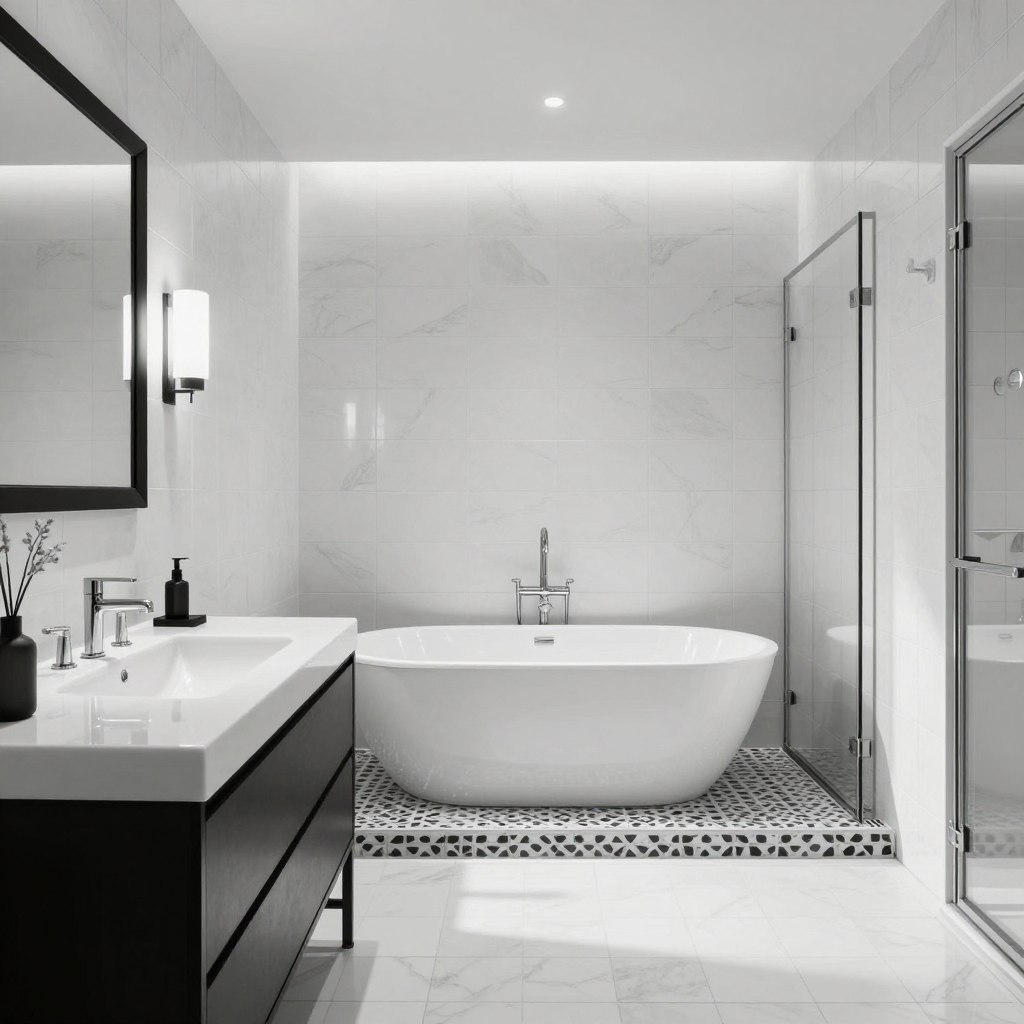 A stunning black and white bathroom featuring elegant monochrome tiles that create a sophisticated and timeless look. The foreground showcases sleek, modern fixtures including a minimalist vanity with a polished sink and a stylish mirror framed in black. In the middle ground, a luxurious freestanding tub sits invitingly on a patterned tile base, surrounded by soft, ambient lighting that casts gentle shadows. The background reveals a chic glass shower enclosure, enhancing the contemporary aesthetic. The overall atmosphere is serene and polished, conveying a sense of peaceful elegance. Capture this scene from an eye-level angle, emphasizing the harmonious design elements and the interplay of light and shadow. The image should be bright, inviting, and reflect a sophisticated monochromatic theme without any text or watermarks. A stunning black and white bathroom featuring elegant monochrome tiles that create a sophisticated and timeless look. The foreground showcases sleek, modern fixtures including a minimalist vanity with a polished sink and a stylish mirror framed in black. In the middle ground, a luxurious freestanding tub sits invitingly on a patterned tile base, surrounded by soft, ambient lighting that casts gentle shadows. The background reveals a chic glass shower enclosure, enhancing the contemporary aesthetic. The overall atmosphere is serene and polished, conveying a sense of peaceful elegance. Capture this scene from an eye-level angle, emphasizing the harmonious design elements and the interplay of light and shadow. The image should be bright, inviting, and reflect a sophisticated monochromatic theme without any text or watermarks.