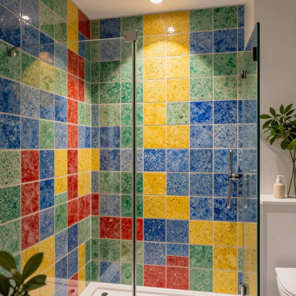 A stunning feature wall in a modern bathroom shower, showcasing an array of colorful speckled tiles in vibrant hues of blue, green, yellow, and red. The foreground focuses on the intricate patterns of the tiles, emphasizing their glossy finish and unique speckles. The middle ground features a sleek glass shower panel, reflecting the vivid colors of the tiles as soft ambient lighting casts a warm glow, enhancing the visual richness. In the background, subtle hints of lush green plants and minimalistic bathroom accessories create a serene and inviting atmosphere. The composition is captured with a wide-angle lens to emphasize the expansiveness of the tiled wall, conveying a feeling of creativity and elegance, ideal for a statement piece in any modern bathroom design. A stunning feature wall in a modern bathroom shower, showcasing an array of colorful speckled tiles in vibrant hues of blue, green, yellow, and red. The foreground focuses on the intricate patterns of the tiles, emphasizing their glossy finish and unique speckles. The middle ground features a sleek glass shower panel, reflecting the vivid colors of the tiles as soft ambient lighting casts a warm glow, enhancing the visual richness. In the background, subtle hints of lush green plants and minimalistic bathroom accessories create a serene and inviting atmosphere. The composition is captured with a wide-angle lens to emphasize the expansiveness of the tiled wall, conveying a feeling of creativity and elegance, ideal for a statement piece in any modern bathroom design.