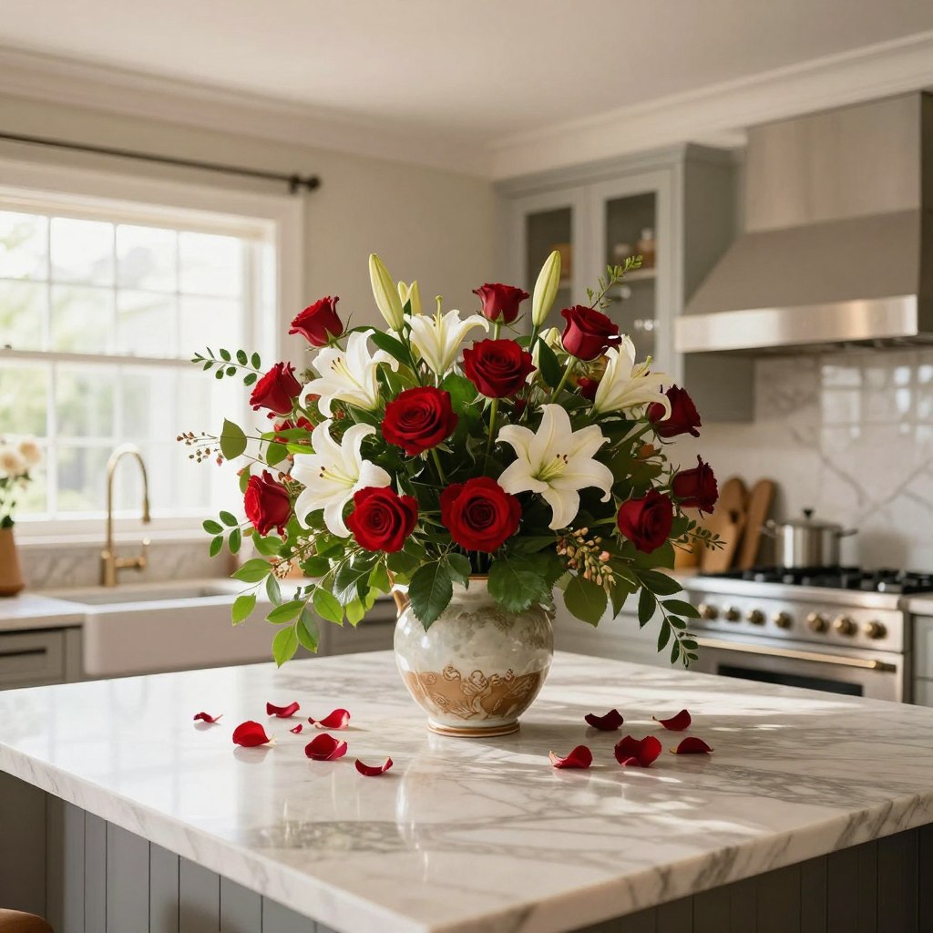A stunning kitchen island centerpiece featuring a grand floral arrangement, overflowing with vibrant blossoms in rich colors like deep red roses, soft white lilies, and lush green foliage. The arrangement is artistically presented in an elegant ceramic vase, placed on a polished marble kitchen island. In the foreground, delicate petals spill gracefully around the vase, adding a touch of natural beauty. The middle ground shows the kitchen's sleek cabinetry and high-end appliances, enhancing the luxurious feel. Soft, warm natural light floods the scene through large windows, creating a welcoming atmosphere. A wide-angle lens captures the entire setting, emphasizing the harmony between nature and contemporary design, inviting viewers to imagine the elegance it brings to the home.