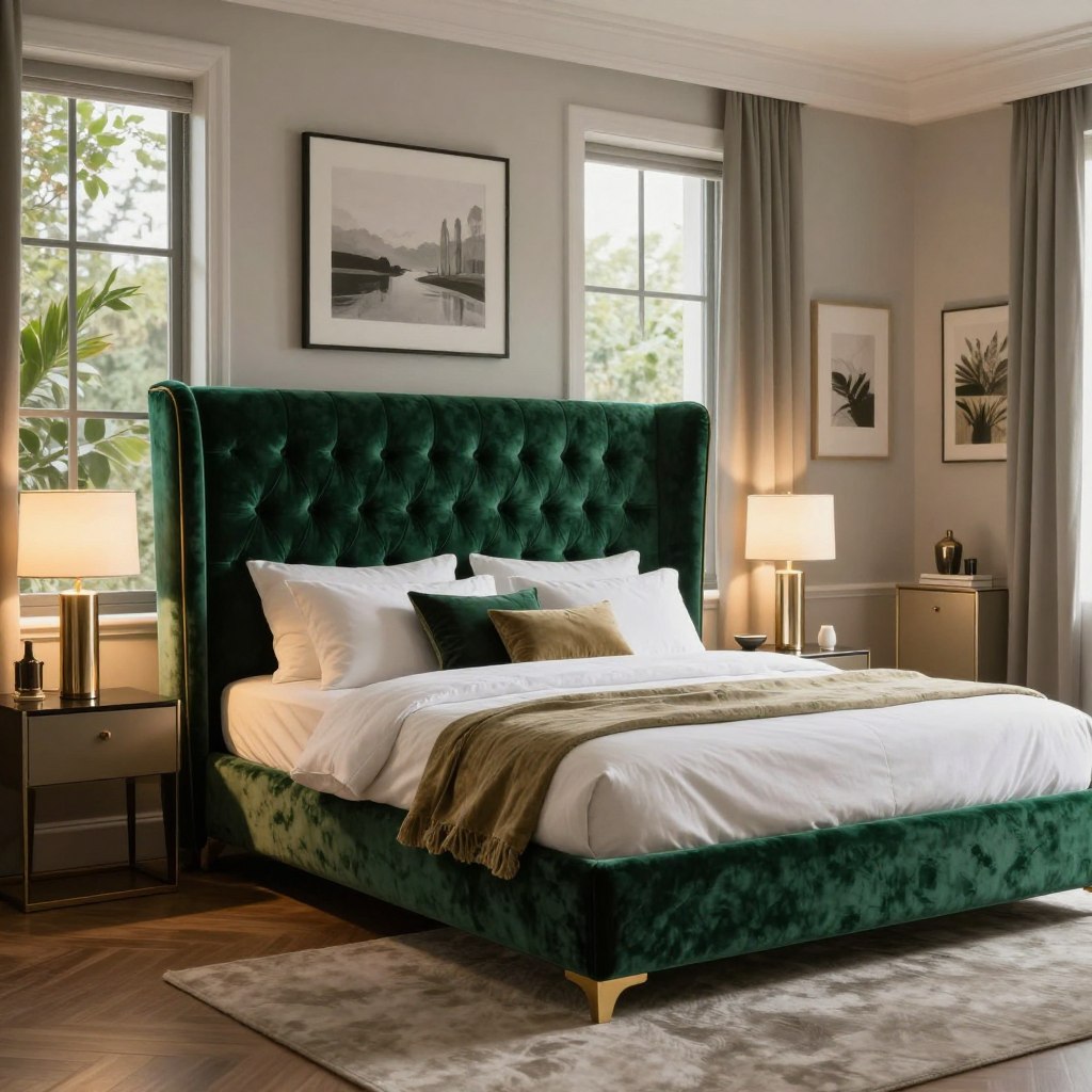 A stunning luxurious upholstered bed design takes center stage in an elegantly styled master bedroom. The bed features a high, tufted headboard in rich velvet, showcasing deep emerald green and gold accents. Crisp white linens and plush, layered pillows add to the opulent feel. Flanking the bed, stylish bedside tables hold sleek, modern lamps casting a warm, inviting glow. In the background, the room's large windows allow soft, natural light to filter in, illuminating the exquisite details of the decor, including tastefully arranged artwork and lush greenery. The atmosphere exudes tranquility and sophistication, with a color palette that balances rich textures and soft hues, creating a perfect sanctuary for relaxation and indulgence.