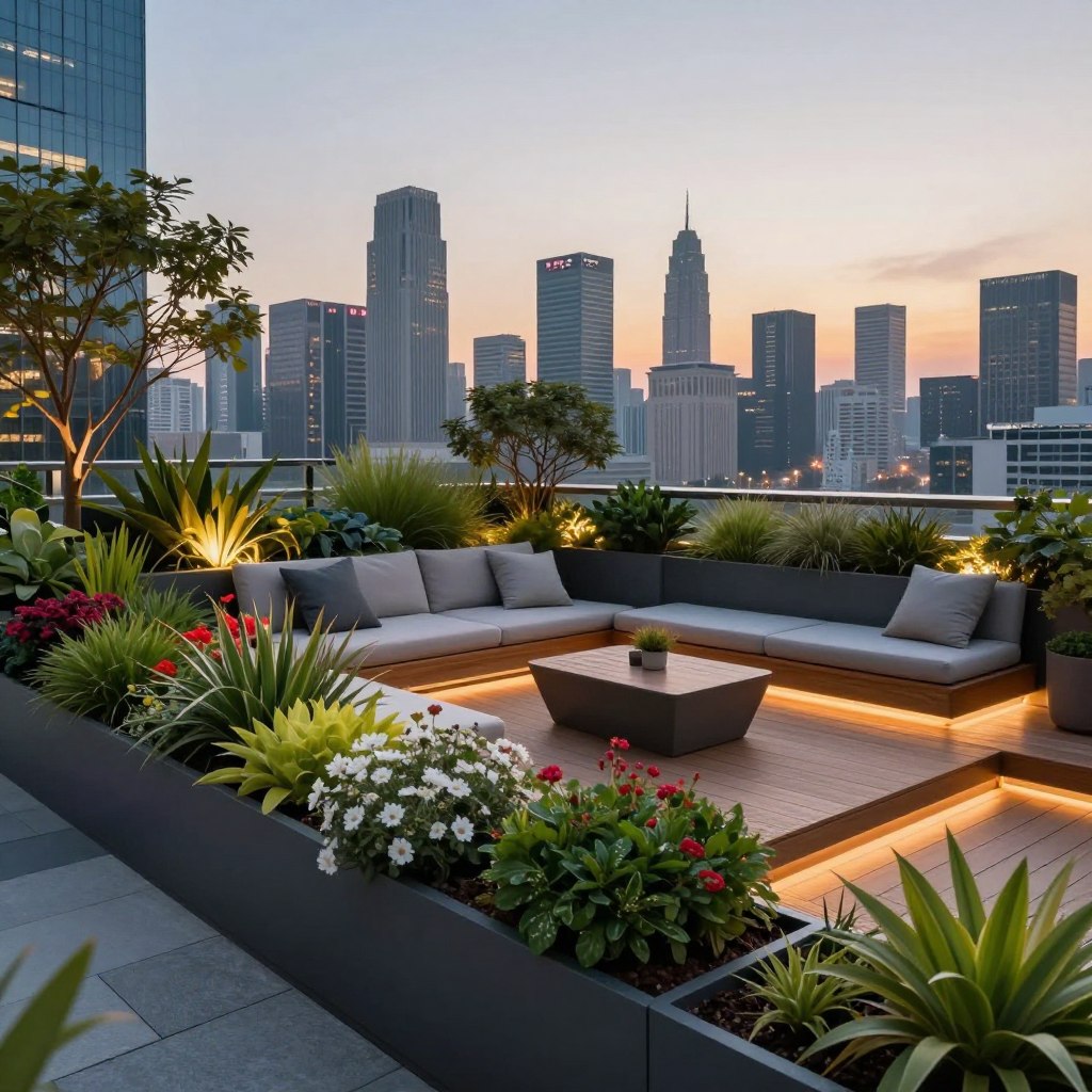 A stunning modern rooftop garden design showcasing a contemporary flair. In the foreground, sleek planters filled with vibrant greenery and colorful flowers, intricately arranged to create a lively oasis. The middle layer features a stylish wooden deck with comfortable lounge furniture, inviting cushions, and a chic coffee table. Subtle lighting adds a warm glow as the sun sets, casting soft shadows. In the background, a panoramic city skyline is visible, with modern skyscrapers reaching into the twilight sky. The overall atmosphere is tranquil yet sophisticated, creating a serene retreat high above the bustling city. The scene is viewed from a slightly elevated angle, emphasizing the harmonious blend of nature and urban living, ideal for relaxing or entertaining. No people are depicted in the image.
