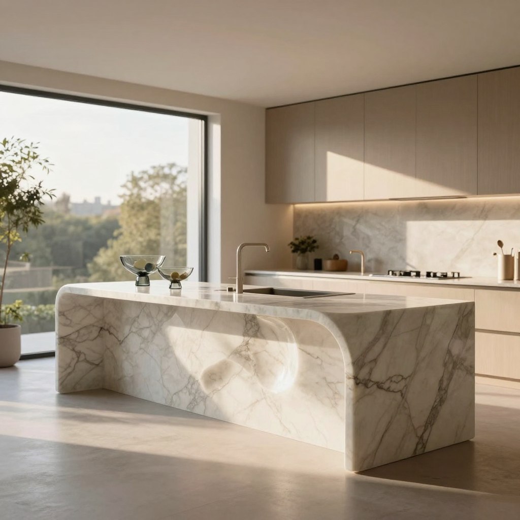 A stunning sculptural centerpiece for a modern kitchen island, featuring a gracefully curved design in polished marble, evoking elegance and sophistication. The centerpiece showcases intricate detailing with a mix of organic shapes, blending seamlessly with the island's sleek surface. In the foreground, a pair of decorative fruit bowls, crafted from glass, complement the centerpiece. The middle ground captures the kitchen environment, with warm sunlight streaming through large windows, illuminating the scene and casting soft shadows. The background includes minimalist cabinetry in soft earth tones and subtle greenery, enhancing the serene atmosphere. The image is captured with a wide-angle lens, aiming for a slightly elevated angle to accentuate the centerpiece's height and artistry, creating a luxurious and inviting mood.
