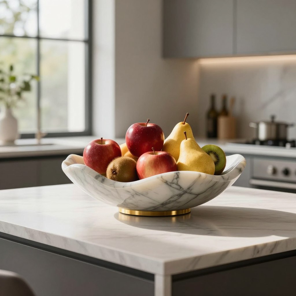 A stunning sculptural fruit bowl centerpiece, elegantly arranged on a sleek, contemporary kitchen island. The bowl is a modern art piece, featuring flowing organic shapes crafted from polished marble and accented with a touch of gold. Lush, vibrant fruits such as deep red apples, golden pears, and green kiwi fill the bowl, contrasting beautifully against the smooth surfaces. In the background, soft, diffused natural light streams in through large windows, illuminating the scene and casting gentle shadows. The kitchen's minimalist decor, with neutral tones and subtle greenery, enhances the luxurious ambiance. The composition is from a slightly elevated angle, drawing focus to the intricate details of the centerpiece while providing a glimpse of the chic kitchen environment. The overall mood is serene and sophisticated, perfect for illustrating an upscale living space.