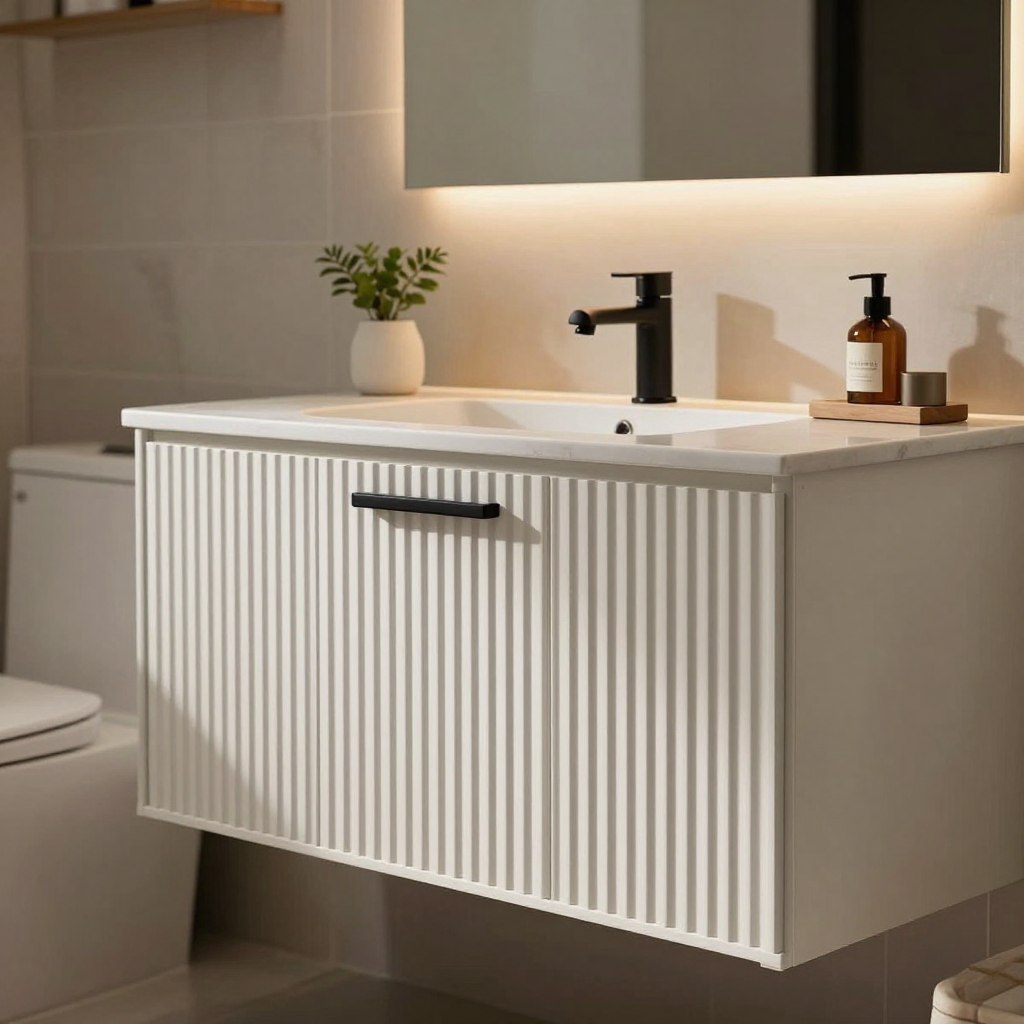 A stunning vertical ribbed vanity cabinet made of white oak with a smooth matte finish, featuring sleek black hardware. The cabinet should showcase detailed vertical ribbing, emphasizing its contemporary design. Soft, ambient lighting casts gentle shadows, creating a warm, inviting atmosphere in a beautifully styled bathroom. The cabinet is positioned prominently in the foreground, with a marble countertop adorned with minimalist decor items like a small plant and a chic soap dispenser. In the background, a softly blurred bathroom scene enhances depth, featuring muted tile patterns on the walls and a large mirror reflecting subtle light. The overall mood is modern elegance, harmonizing natural materials with sophisticated accents for a serene bathroom retreat. A stunning vertical ribbed vanity cabinet made of white oak with a smooth matte finish, featuring sleek black hardware. The cabinet should showcase detailed vertical ribbing, emphasizing its contemporary design. Soft, ambient lighting casts gentle shadows, creating a warm, inviting atmosphere in a beautifully styled bathroom. The cabinet is positioned prominently in the foreground, with a marble countertop adorned with minimalist decor items like a small plant and a chic soap dispenser. In the background, a softly blurred bathroom scene enhances depth, featuring muted tile patterns on the walls and a large mirror reflecting subtle light. The overall mood is modern elegance, harmonizing natural materials with sophisticated accents for a serene bathroom retreat.