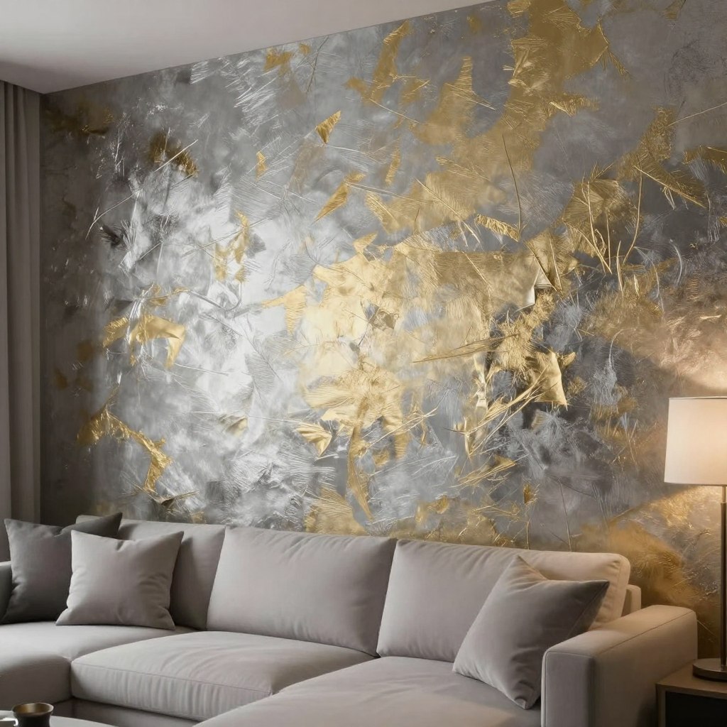A stylish and elegant interior featuring a metallic foil accent wall wallpaper, shimmering with shades of silver and gold. The foreground showcases a modern living space with a minimalist design, including a sleek sofa adorned with plush cushions. In the middle ground, the reflective surface of the wallpaper catches the light, creating a dynamic interplay of reflections, enhancing the richness of the texture. The background includes soft, ambient lighting that subtly highlights the wallpaper, casting gentle shadows and illuminating the room's features. The atmosphere is warm and inviting, suggesting a sophisticated environment perfect for impressing guests. The camera angle is slightly elevated, capturing the entire wall along with the tastefully arranged furniture, emphasizing the striking visual impact of the metallic accents.