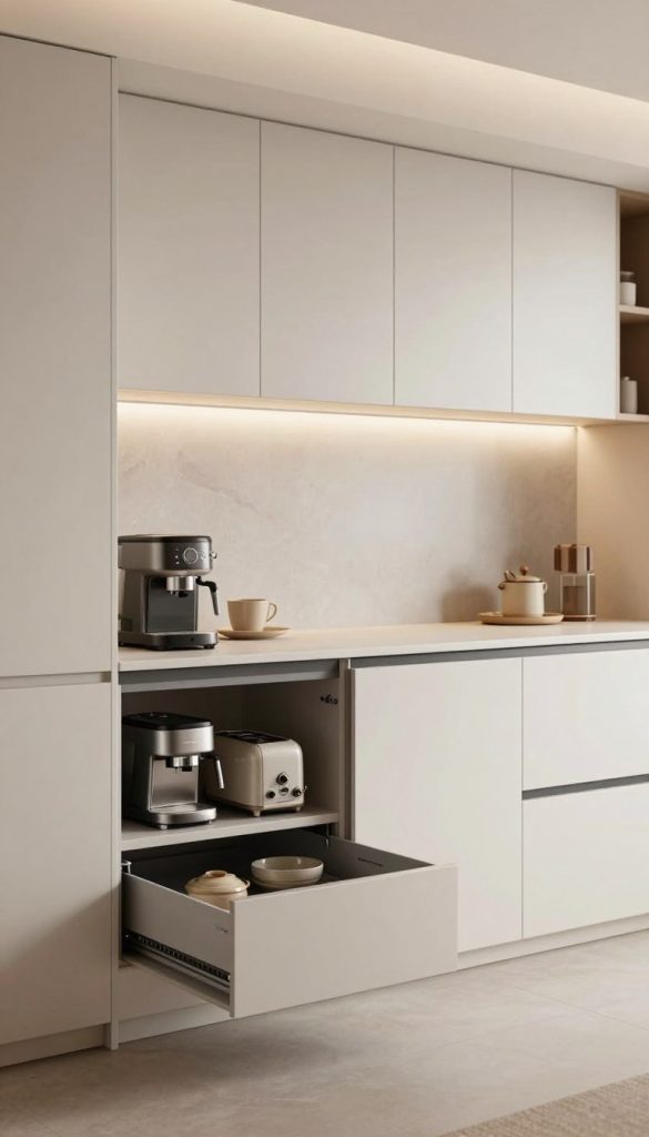 A stylish and modern hideaway kitchen featuring appliance garages designed for small countertop items. The foreground showcases sleek, open appliance garages revealing a coffee maker and toaster, arranged neatly. In the middle, an elegant countertop is clutter-free, complemented by minimalist cabinetry and soft-close doors that seamlessly blend into the kitchen decor. The background features a subtle backsplash with soft lighting highlighting the textures. The overall color palette is a mix of warm whites and earthy tones, creating a cozy yet sophisticated atmosphere. The lighting is bright but soft, mimicking natural daylight, capturing the essence of a well-designed space. Emphasize the clean lines and functionality of this innovative kitchen design concept. A stylish and modern hideaway kitchen featuring appliance garages designed for small countertop items. The foreground showcases sleek, open appliance garages revealing a coffee maker and toaster, arranged neatly. In the middle, an elegant countertop is clutter-free, complemented by minimalist cabinetry and soft-close doors that seamlessly blend into the kitchen decor. The background features a subtle backsplash with soft lighting highlighting the textures. The overall color palette is a mix of warm whites and earthy tones, creating a cozy yet sophisticated atmosphere. The lighting is bright but soft, mimicking natural daylight, capturing the essence of a well-designed space. Emphasize the clean lines and functionality of this innovative kitchen design concept.