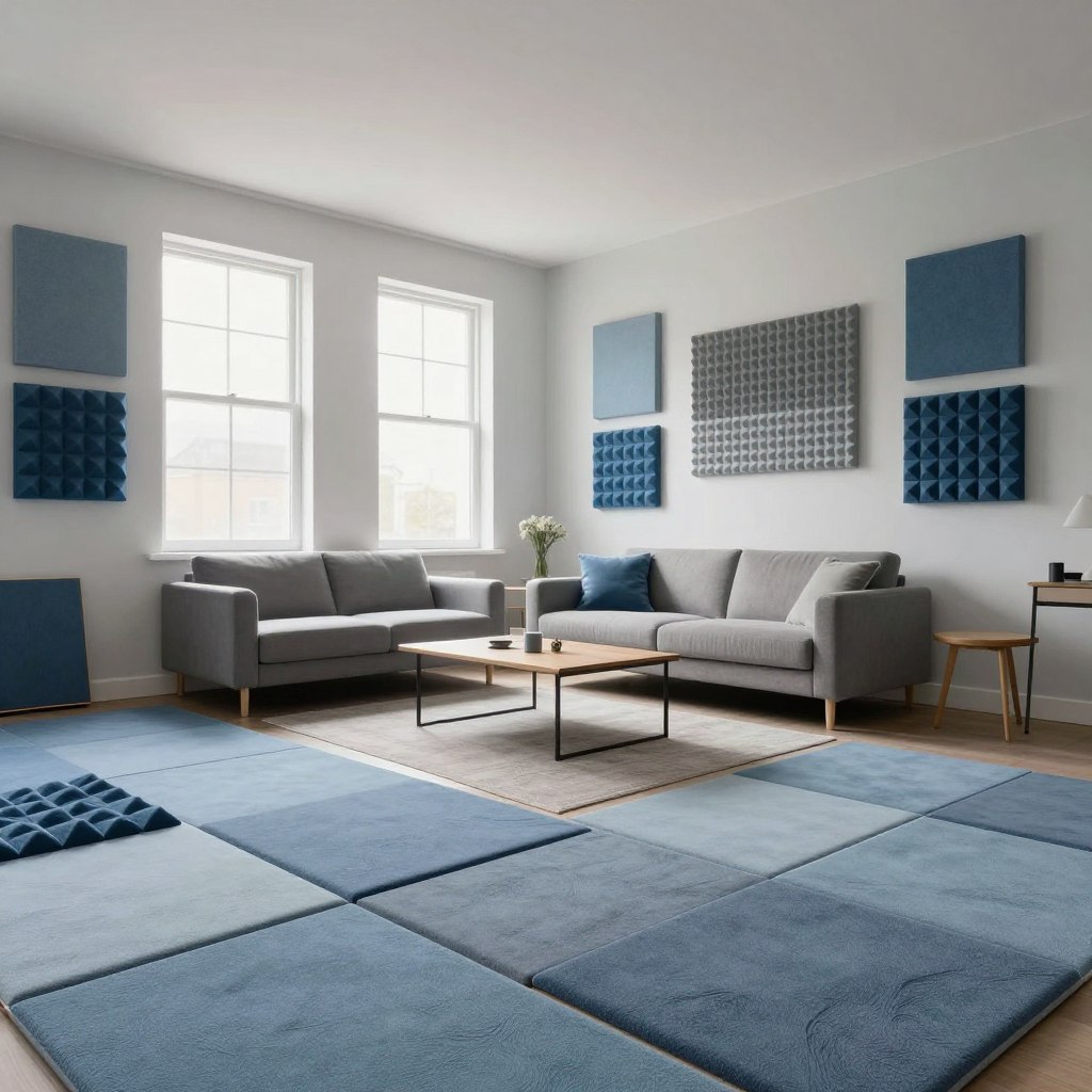 A stylish apartment living room featuring acoustic panels and sound-absorbing foam artfully arranged on the walls. The foreground highlights the textured surfaces of the panels, showcasing various colors like soft blues and grays. In the middle ground, a cozy, minimalist furniture setup includes a sleek sofa and a coffee table, providing warmth and inviting comfort. The background reveals large windows with soft, natural light streaming in, enhancing the serene atmosphere. The scene is captured with a wide-angle lens to emphasize depth. The overall mood is calm and tranquil, reflecting a modern yet functional space designed for soundproofing, without any people present.