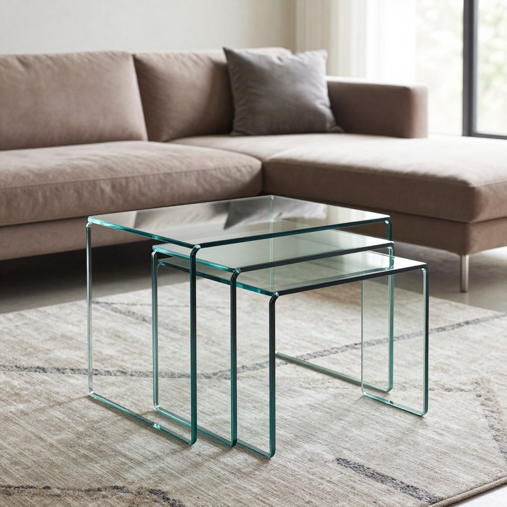A stylish arrangement of modern glass nesting tables in a contemporary living room setting. The foreground features three elegantly designed tempered glass tables, varying in size, seamlessly stacked together. Each table showcases a sleek, minimalistic frame with clean lines and reflective surfaces that catch the light beautifully. In the middle, a plush area rug with subtle geometric patterns complements the sleekness of the tables, while a stylish modular sofa in muted tones adds warmth to the scene. The background includes a large window allowing natural light to stream in, casting soft shadows that enhance the airy atmosphere. The overall mood is serene and inviting, highlighting the versatility of glass nesting tables as space-saving solutions in modern interiors.