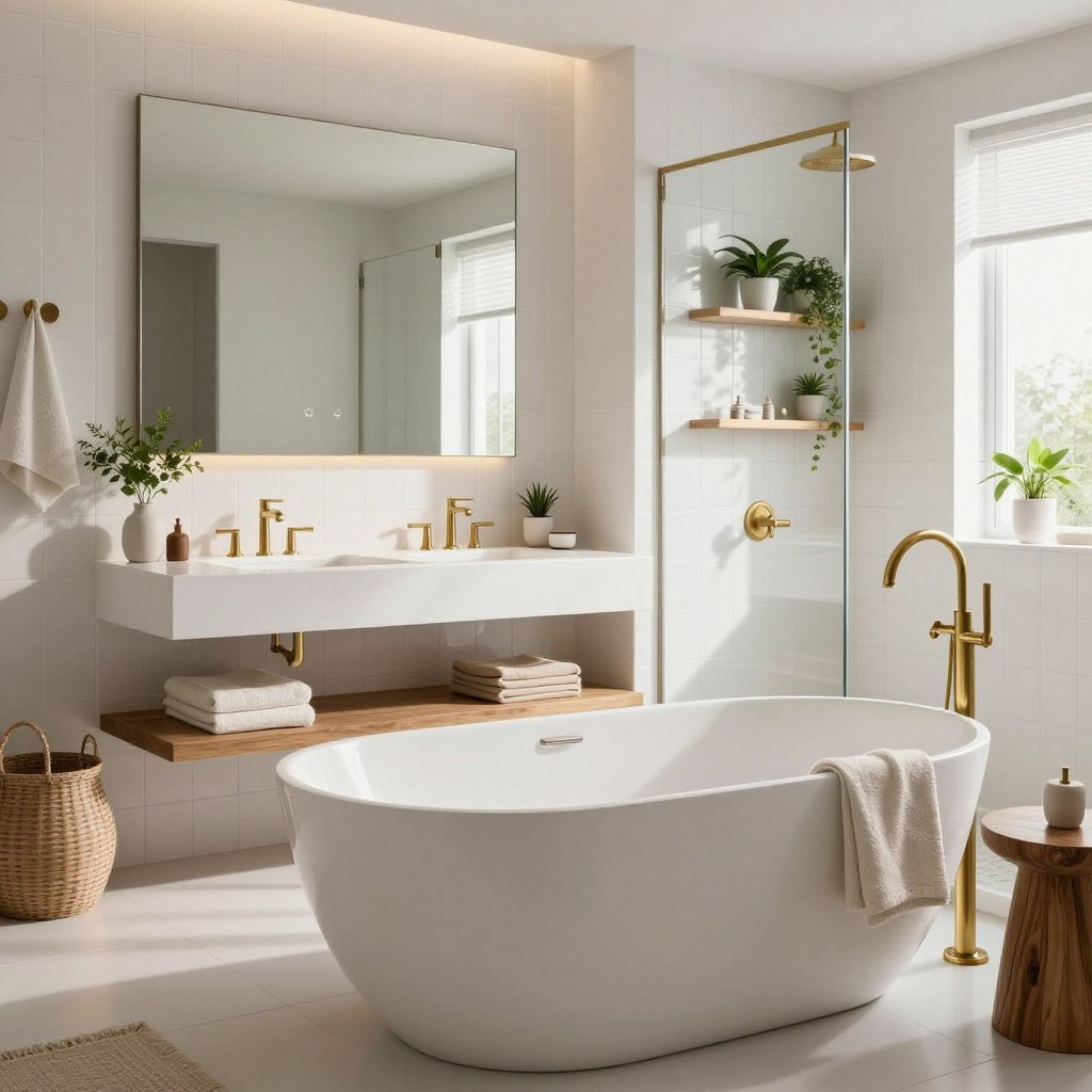 A stylish bathroom interior featuring a clean and modern design with a focus on white tiles and fixtures. In the foreground, a sleek, white freestanding bathtub is accentuated by elegant brass fixtures, surrounded by tasteful decorative materials like polished wood and soft, textured textiles. The middle ground showcases a chic floating vanity with a large, frameless mirror reflecting natural light, creating an airy atmosphere. The background includes a tiled shower area with glass doors, adorned with minimalist shelving displaying fresh green plants for a touch of vitality. The scene is illuminated with soft, diffused lighting that enhances the warm tones of the materials while casting subtle shadows. The overall mood is serene and inviting, making the bathroom feel like a tranquil retreat.