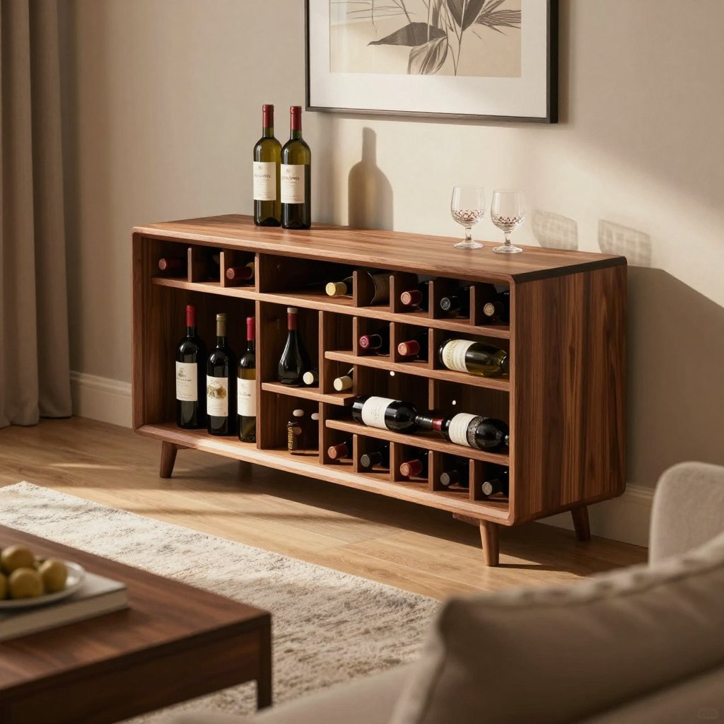 A stylish console table with integrated wine storage, featuring a sleek modern design in rich mahogany wood. The table is adorned with elegant wine racks, displaying an assortment of fine wine bottles nestled beside decorative glasses. In the foreground, a cozy living room ambiance is created with soft, warm lighting casting gentle shadows, highlighting the texture of the wood. The middle section showcases a vibrant living space with a plush area rug, and a tasteful couch in neutral tones complementing the table. In the background, a well-decorated wall with subtle artwork adds depth to the scene. The overall mood is inviting and sophisticated, perfect for a relaxed evening. The scene is captured from a slight angle to add dimension, using soft focus for a dreamy effect.