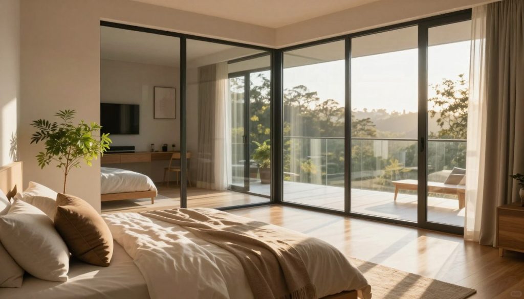 A stylish corner glass bedroom sanctuary bathed in warm, natural light. The foreground features a cozy, inviting bed with soft, neutral linens and accent pillows. To the left, a small potted plant adds a touch of greenery. In the middle ground, large floor-to-ceiling glass windows elegantly frame the scene, allowing sunlight to pour in and create a warm golden glow throughout the space. The background showcases a minimalist interior design with wooden floors and sleek furniture, complementing the glass elements. The sunlight casts soft shadows, enhancing the tranquil atmosphere. The angle captures the interplay of light and space, emphasizing the bright openness of the room, evoking a sense of serenity and comfort.