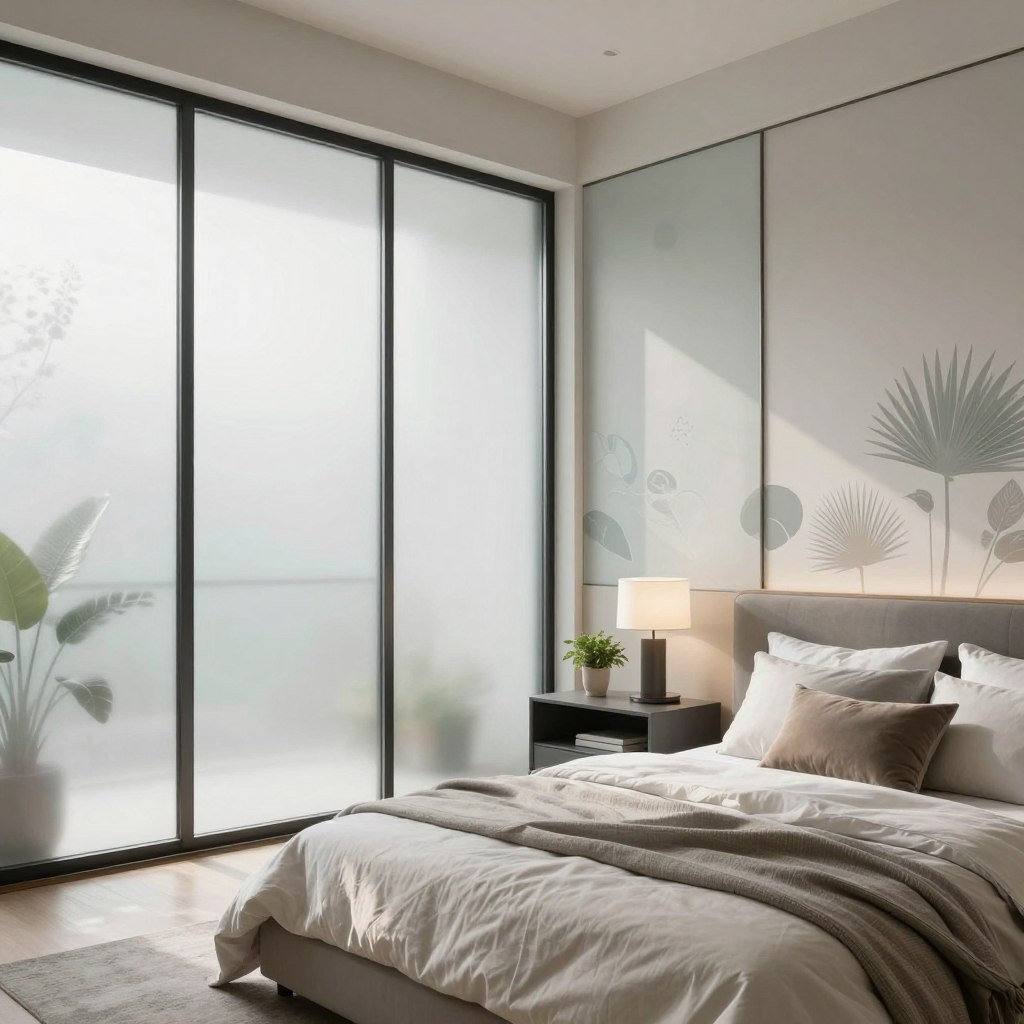 A stylish glass bedroom design featuring large windows covered with elegant frosted glass films, allowing soft diffused light to fill the space. In the foreground, a cozy, minimalist bed with a plush duvet in neutral tones, complemented by trendy accent pillows. The middle layer includes a sleek nightstand with modern decor elements, such as a small plant and a contemporary table lamp. The background showcases a wall adorned with tasteful decals that echo the frosted theme, blending elegance with functionality. Natural light streams in, creating a serene atmosphere, highlighting the transparency and privacy the frosted films offer. The composition is captured from a slightly elevated angle, emphasizing the spaciousness and modern aesthetic of the room, inviting a sense of tranquility.