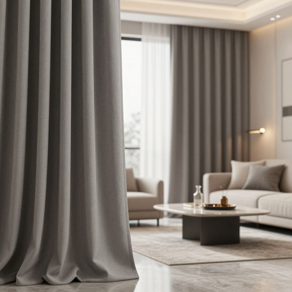 A stylish interior scene featuring elegant gray curtains that elegantly drape from a modern window. In the foreground, the curtains cascade softly, showcasing a rich texture that captures subtle light. The middle ground reveals a cozy living room setting with a chic sofa in neutral tones and a beautifully arranged coffee table adorned with tasteful decor. In the background, soft ambient light filters through the curtains, creating a serene atmosphere. The walls are painted in complementary soft hues, enhancing the calming effect of the gray curtains. Employing a warm, inviting color palette and a slight depth of field, this image embodies a modern and sophisticated living space, perfectly illustrating the versatility of gray as a neutral.