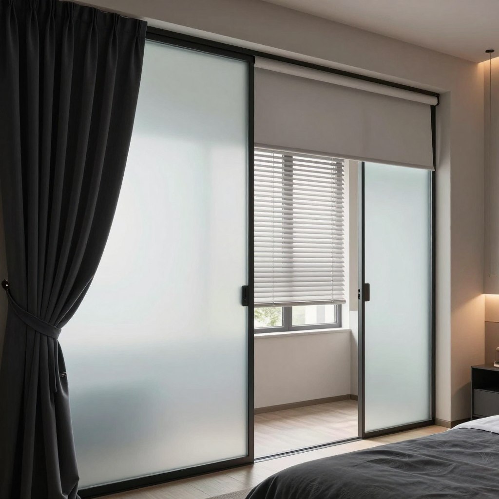 A stylish interior scene of a modern bedroom featuring various privacy solutions for windows and doors. In the foreground, elegant blackout curtains in rich fabrics are draped alongside frosted smart glass panels that subtly change opacity. The middle ground showcases a chic sliding door with a sleek vinyl shade, contrasting with delicately designed Venetian blinds. In the background, soft ambient lighting casts gentle shadows, highlighting the textures and colors. The room has a serene atmosphere, enhanced by light coming through a partially open window that hints at the outdoors. The composition is captured from a slightly elevated angle, focusing on the interplay of privacy solutions while maintaining a cohesive and stylish look.