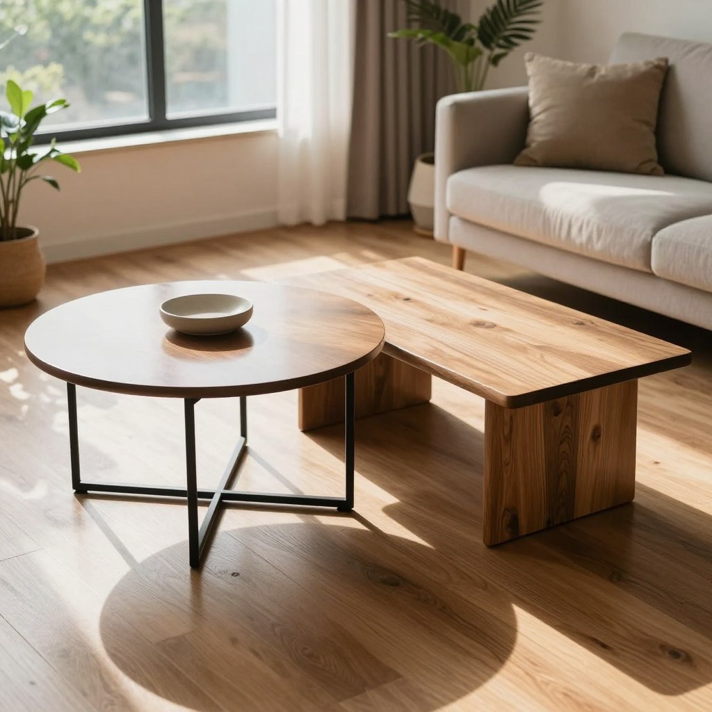 A stylish interior scene showcasing a modern living room with two distinct coffee tables positioned side by side – one round and one square. The round table features a glossy finish and a minimalist design, while the square table has a rustic wooden texture. Soft natural light streams in through a large window, casting gentle shadows on the hardwood floor. In the background, a cozy couch with cushions complements the tables, and decorative plants add a touch of greenery. The camera angle is slightly above eye level, allowing both tables to be viewed clearly. The mood is inviting and warm, emphasizing the importance of choosing the right coffee table shape for a harmonious living space.