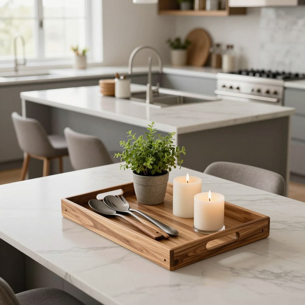 A stylish kitchen island centerpiece featuring the chic tray styling method. In the foreground, a beautifully arranged tray made of natural wood holds a selection of elegant cooking utensils, a small potted herb plant, and decorative candles. The middle ground showcases a sleek kitchen island with a polished marble countertop, complemented by understated bar stools. In the background, soft natural light floods the space through large windows, highlighting neutral colors and modern cabinetry. The atmosphere is warm and inviting, evoking a sense of sophistication. Capture the scene from a slight overhead angle, focusing on the symmetry and balance of the tray arrangement while showcasing the overall elegance of the kitchen space.