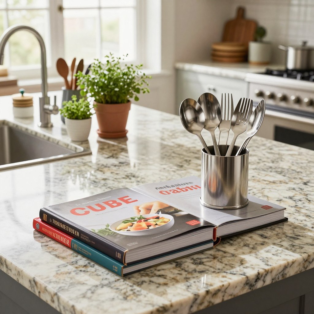 A stylish kitchen island featuring an elegant cookbook and utensil display. In the foreground, a curated selection of glossy cookbooks with colorful spines lies next to a set of high-quality stainless steel utensils in a sleek holder. The middle showcases a spacious, polished granite countertop adorned with fresh herbs in chic pots and artistic kitchen gadgets. In the background, a bright and airy kitchen is visible through large windows, allowing natural light to illuminate the scene. Soft shadow play enhances the inviting atmosphere, giving a sense of warmth and sophistication. The angle captures the scene from slightly above, emphasizing the luxurious details and organization of the display, evoking a sense of culinary inspiration and functionality.