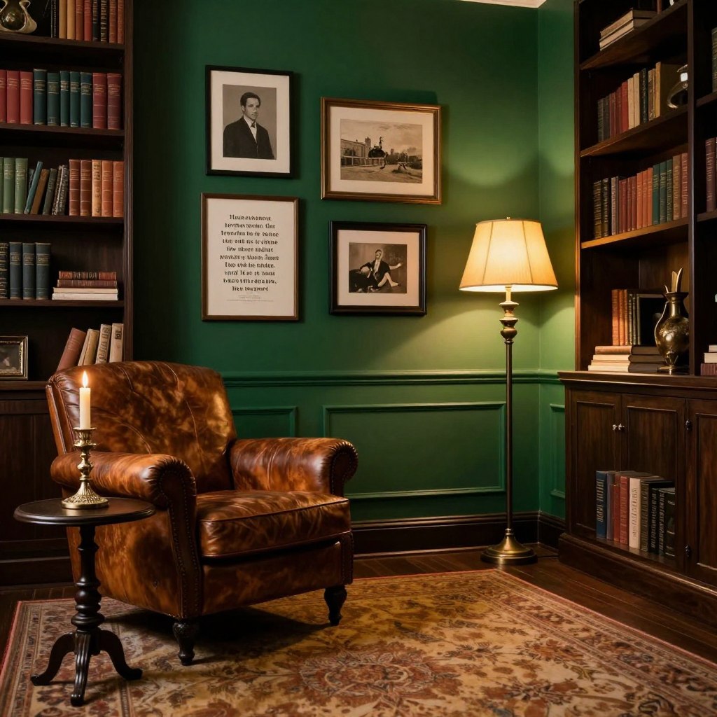 A stylish living room featuring bold, moody paint choices inspired by Dark Academia. In the foreground, a vintage leather armchair is placed next to a small side table with an ornate candlestick. The middle ground showcases a stunning dark green accent wall adorned with classic artwork and framed literary quotes. A plush, warm-toned rug adds texture to the space. The background is enhanced with tall bookshelves filled with antique books and curiosities, softening the atmosphere. The lighting is warm and inviting, with a soft golden glow emanating from an elegant floor lamp. The camera angle is slightly above eye level, capturing the depth and sophistication of the room. Overall, the mood is intellectually stimulating yet cozy, reflecting a perfect balance of comfort and intrigue within a modern Dark Academia aesthetic.