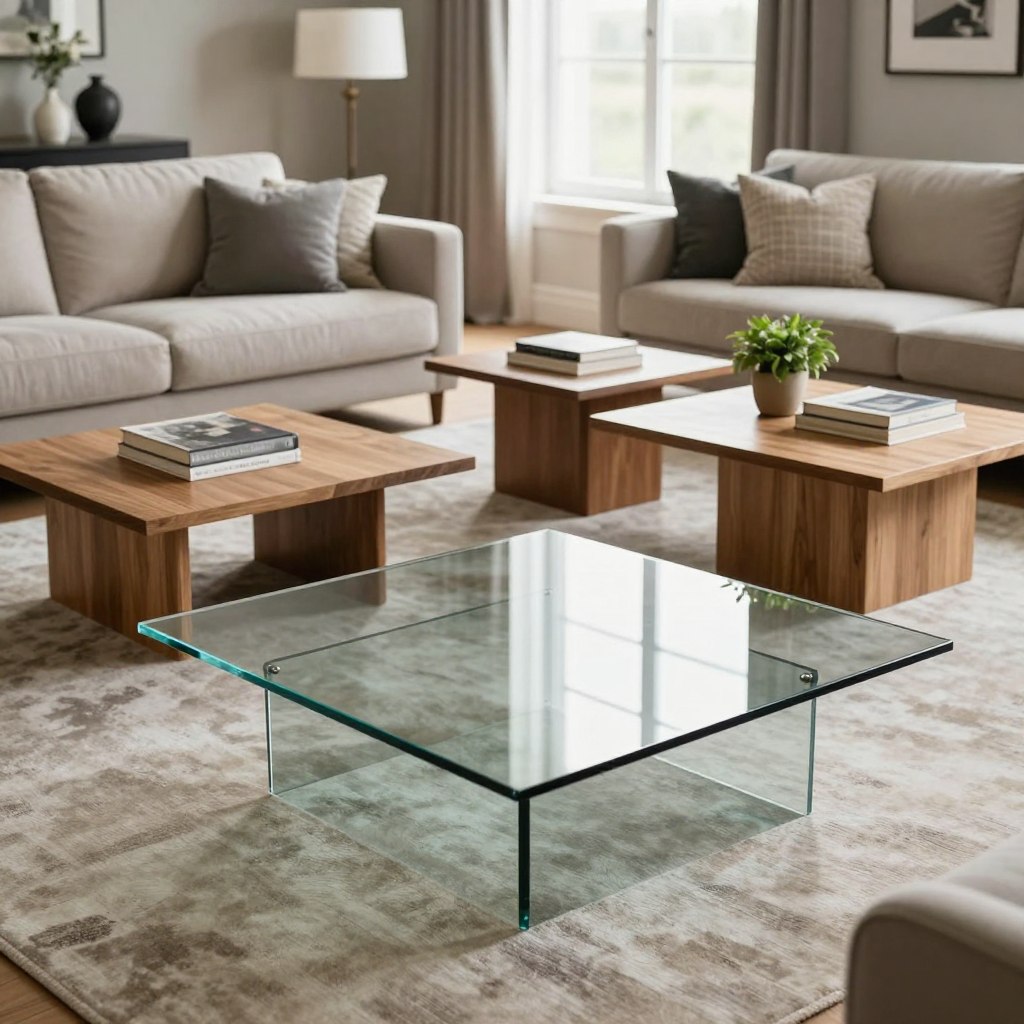 A stylish living room featuring multiple square coffee tables of varying designs and materials. The foreground highlights a sleek, modern glass square table with a subtle reflection, surrounded by elegant wooden square tables adorned with decorative books and a small potted plant. In the middle ground, a cozy seating area with a plush sofa and contrasting cushions invites relaxation, while a fashionable rug adds warmth. The background includes a large window allowing soft, natural light to illuminate the space, creating an inviting atmosphere. Use a wide-angle lens to capture the depth of the room, emphasizing the harmonious placement of the square tables in a contemporary setting. Aim for a calm and serene mood, with neutral tones and inviting textures.