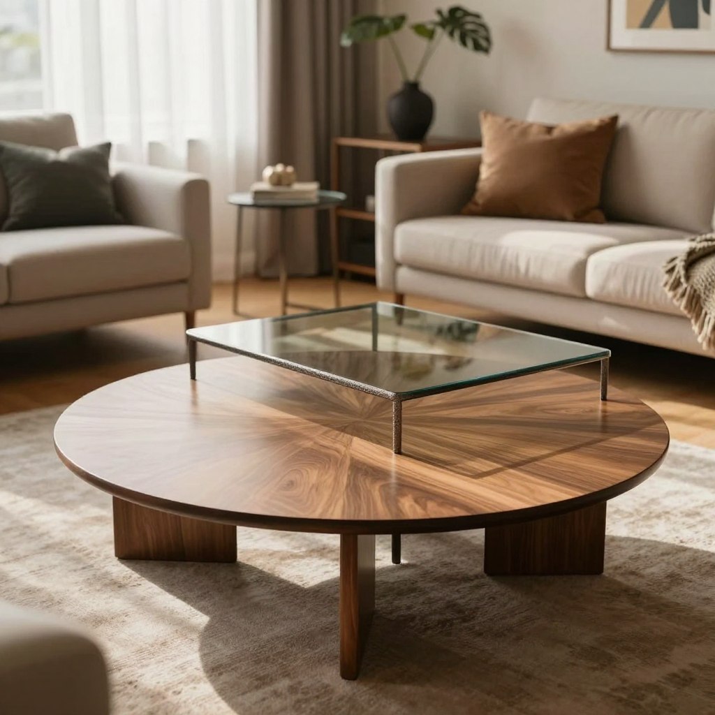 A stylish living room scene showcasing various coffee table shapes, prominently featuring a modern round coffee table made of polished wood with a sleek glass top in the foreground. In the middle, a square coffee table with a textured metal frame sits adjacent, emphasizing the contrast in design. The background reveals a cozy, well-decorated interior featuring a comfortable sofa and artistic decor elements that highlight different interior design styles. Soft, diffused sunlight filters through sheer curtains, casting gentle shadows on the wooden floor. The atmosphere is warm and inviting, encouraging a relaxed yet sophisticated mood. Use a wide-angle lens to capture the full arrangement, ensuring all elements harmonize within the composition.