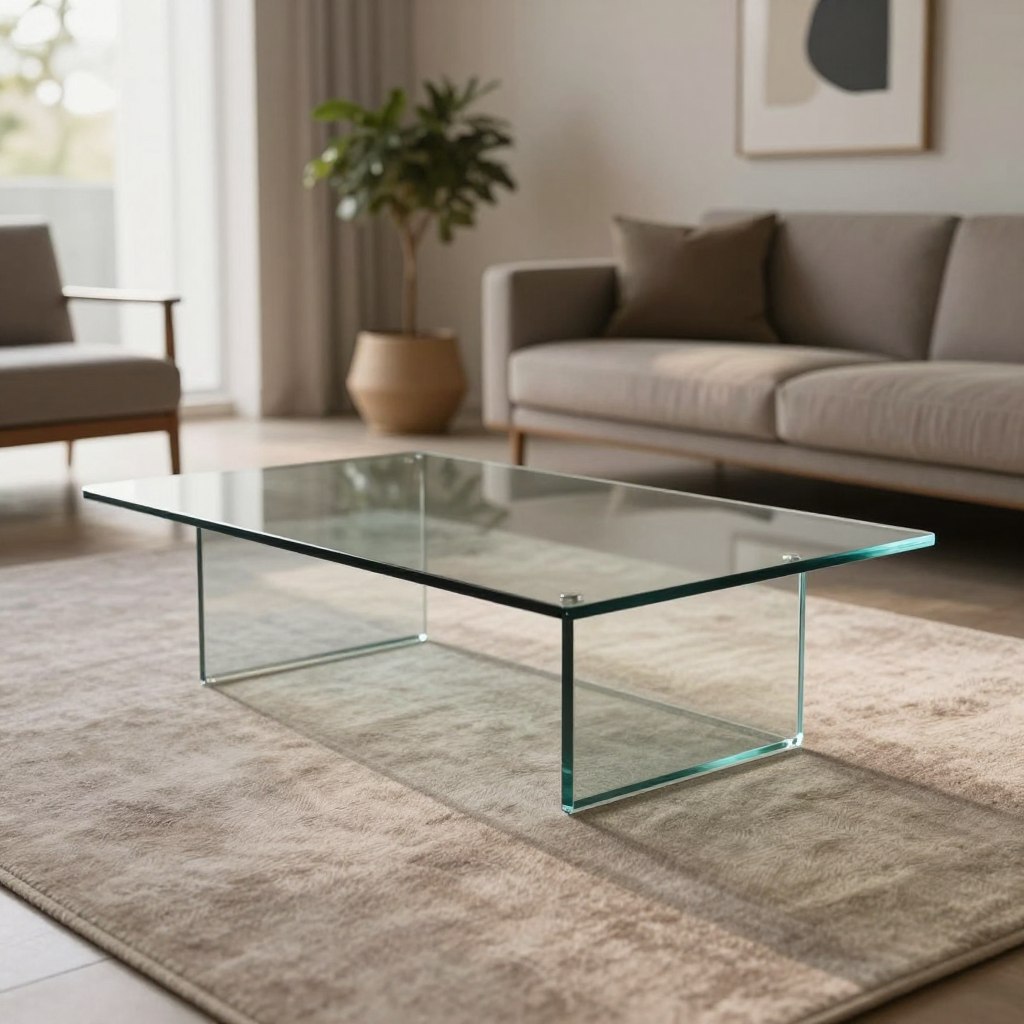 A stylish, minimalist floating glass coffee table takes center stage in a modern living room setting. The table is crafted from tempered glass with sleek, clean lines and an elegant, invisible support that creates an airy effect. In the foreground, the polished surface reflects soft light, while the smooth edges add to its contemporary aesthetic. The middle ground features a soft, neutral-toned area rug, further enhancing the clutter-free look. In the background, a tastefully furnished space showcases a minimalist arrangement of furniture and subtle decor elements, such as a potted plant and abstract artwork on muted walls. The scene is bathed in warm, natural light filtering through large windows, creating a serene and inviting atmosphere. The angle captures the table’s unique design, emphasizing its lightness and integration into the modern space.