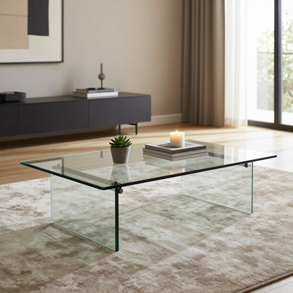 A stylish modern living room featuring a minimalist tempered glass coffee table as the focal point. In the foreground, the sleek glass table is adorned with tasteful decor items: a small potted succulent, a neatly stacked set of art books, and an elegant candle. The middle ground showcases a plush area rug beneath the table, enhancing the cozy atmosphere. In the background, a softly lit wall with abstract artwork complements the room's aesthetics. Natural light streams in through large windows, creating warm highlights and soft shadows that accentuate the table's reflective surfaces. The overall mood is serene and sophisticated, perfect for modern spaces. Capture this scene with a wide-angle lens to emphasize depth, and choose a balanced lighting effect to bring out the textures and clarity of the glass.