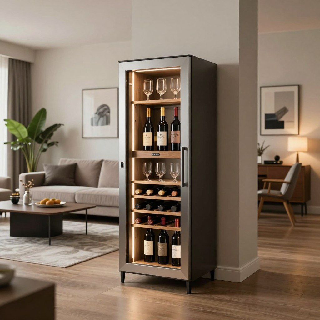 A stylish modern living room featuring a space-saving mini wine cabinet integrated into the decor. In the foreground, a sleek, minimalist wine cabinet holds a variety of wine bottles and glasses, showcasing wood and metal accents. The middle ground includes contemporary furniture, such as a plush sofa and a coffee table, surrounded by tasteful decor like plants and art pieces. The background showcases a warm, inviting atmosphere with soft ambient lighting, highlighting the sleekness of the wine cabinet. Use a wide-angle lens to capture the entire scene, with a focus on the wine cabinet as the centerpiece. The overall mood should be elegant and sophisticated, ideal for modern living spaces.