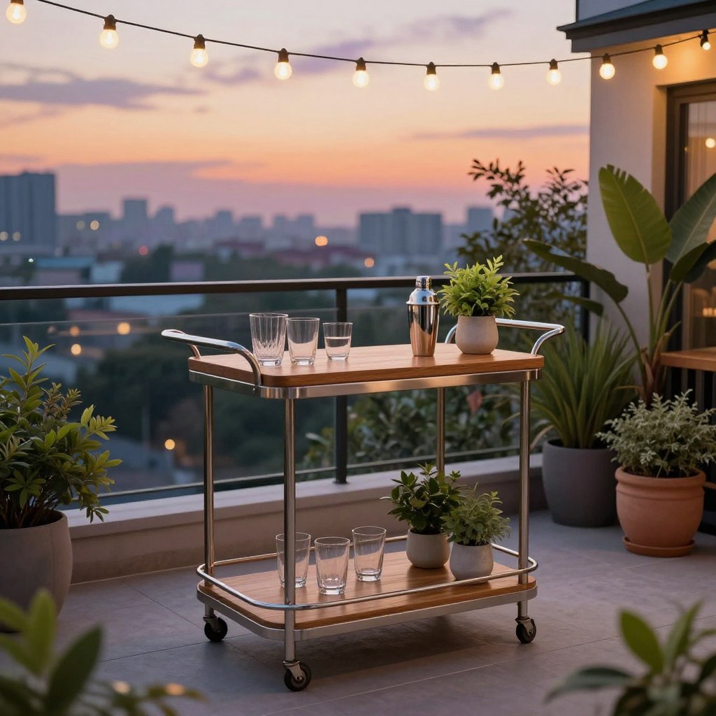 A stylish, modern outdoor bar cart elegantly positioned on a small balcony, featuring a sleek metal frame with a warm wood top. The cart is adorned with minimalist glassware, a chic cocktail shaker, and some fresh greenery in small ceramic pots. Surrounding the bar cart, there are subtle touches of decor like fairy lights hanging above, adding a soft, inviting glow. In the foreground, the cart is the focal point, while the middle ground captures lush potted plants, creating a cozy atmosphere. The background reveals a serene city skyline at dusk, with soft oranges and purples in the sky. The image should be bright and airy, evoking a sophisticated yet relaxed ambiance, captured from a slightly elevated angle to showcase the layout effectively.