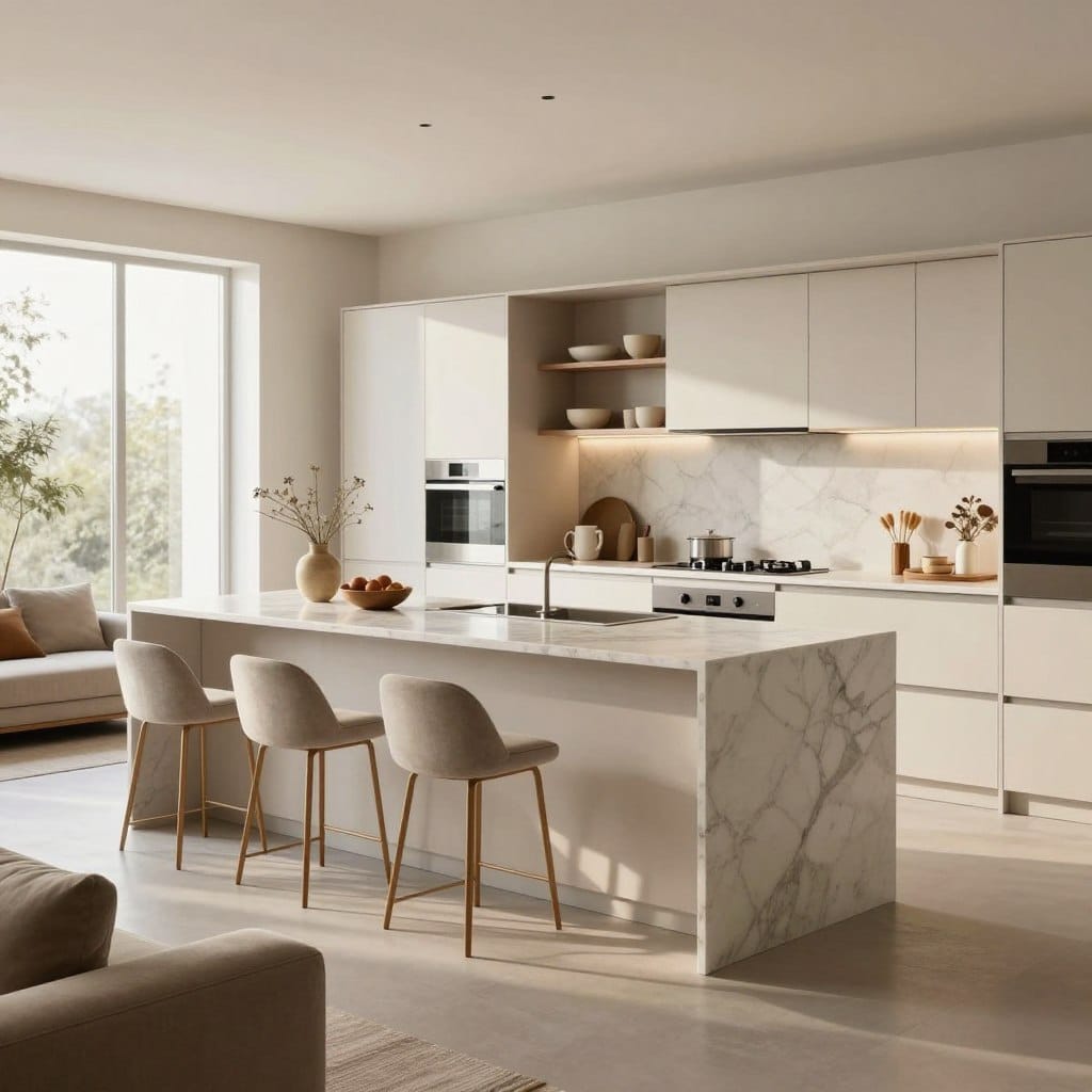 A stylish multi-functional kitchen island featuring sleek cabinetry with ample storage space and integrated seating. The island is centrally located with a polished marble countertop, surrounded by comfortable high stools. In the foreground, the inviting seating area is well-lit by natural light streaming through large windows, creating a warm atmosphere. In the middle ground, the island showcases practical design elements, such as open shelving and hidden compartments. The background reveals a bright, open-plan kitchen and living room setting with modern appliances, tasteful decor, and a harmonious color palette of soft whites and earthy tones. Capture a cozy, contemporary feel with soft, diffused lighting, focusing on the elegant lines and textures of the island while keeping the surrounding area uncluttered.