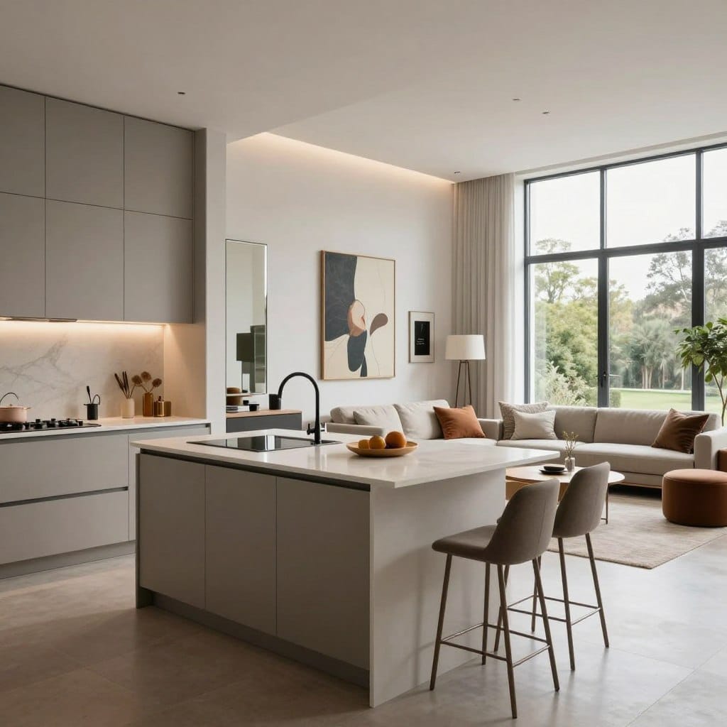 A stylish open plan kitchen and living room designed to create height and spaciousness in a small area. In the foreground, a sleek kitchen island with a minimalist design, accented by elegant bar stools. The middle ground features a cozy living space with a modern sofa and tasteful decor elements like large wall mirrors and vertical artwork that enhance the illusion of height. In the background, tall windows allow natural light to flood in, revealing a view of greenery outside. Soft, ambient lighting highlights the airy atmosphere, while neutral tones mixed with pops of color create a welcoming vibe. The scene captures a sense of sophistication and practicality, blending functionality with aesthetic appeal.