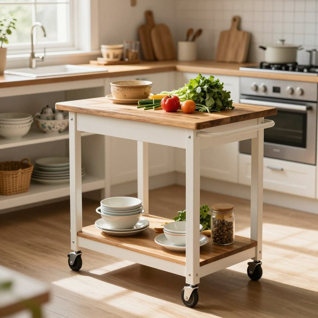 A stylish portable kitchen island designed as a rolling cart, featuring a rustic wooden surface with a distressed finish, complemented by white metal accents. The foreground showcases fresh ingredients like vegetables and herbs artfully arranged on the island. In the middle ground, the cart is positioned in a cozy farmhouse kitchen adorned with open shelves displaying vintage dishware and cookbooks. The background features warm, natural light coming through a window, casting soft shadows, enhancing the inviting atmosphere. The image should be captured from a slightly elevated angle, allowing a clear view of the island's details, with a focus on the cart’s wheels to highlight its mobility. The overall mood is warm and welcoming, perfect for small space culinary creativity.