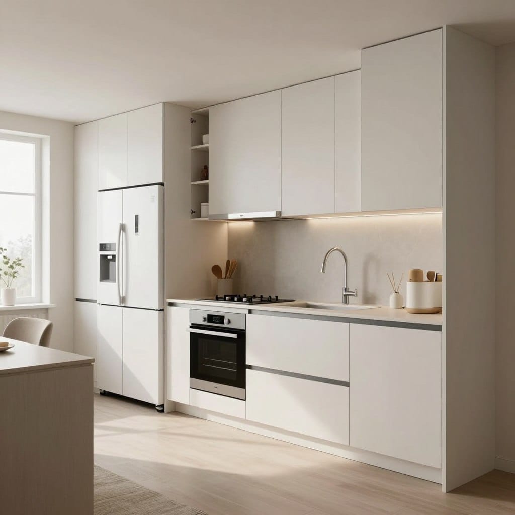 A stylish, scaled-down smart kitchen design showcased in a compact open-plan layout. The foreground features sleek, integrated appliances such as a refrigerator, oven, and dishwasher, all seamlessly built into minimalist cabinetry. In the middle, smart storage solutions, including pull-out drawers and vertical shelving, optimize space while maintaining a modern aesthetic. The background reveals an inviting living area with soft, natural light filtering through large windows, enhancing the cozy atmosphere. The overall color scheme is a blend of soft whites and muted earth tones, creating a warm and welcoming feel. The composition is shot from a slightly elevated angle to provide a comprehensive view of the kitchen and living area, capturing the innovative design elements and efficient use of space.