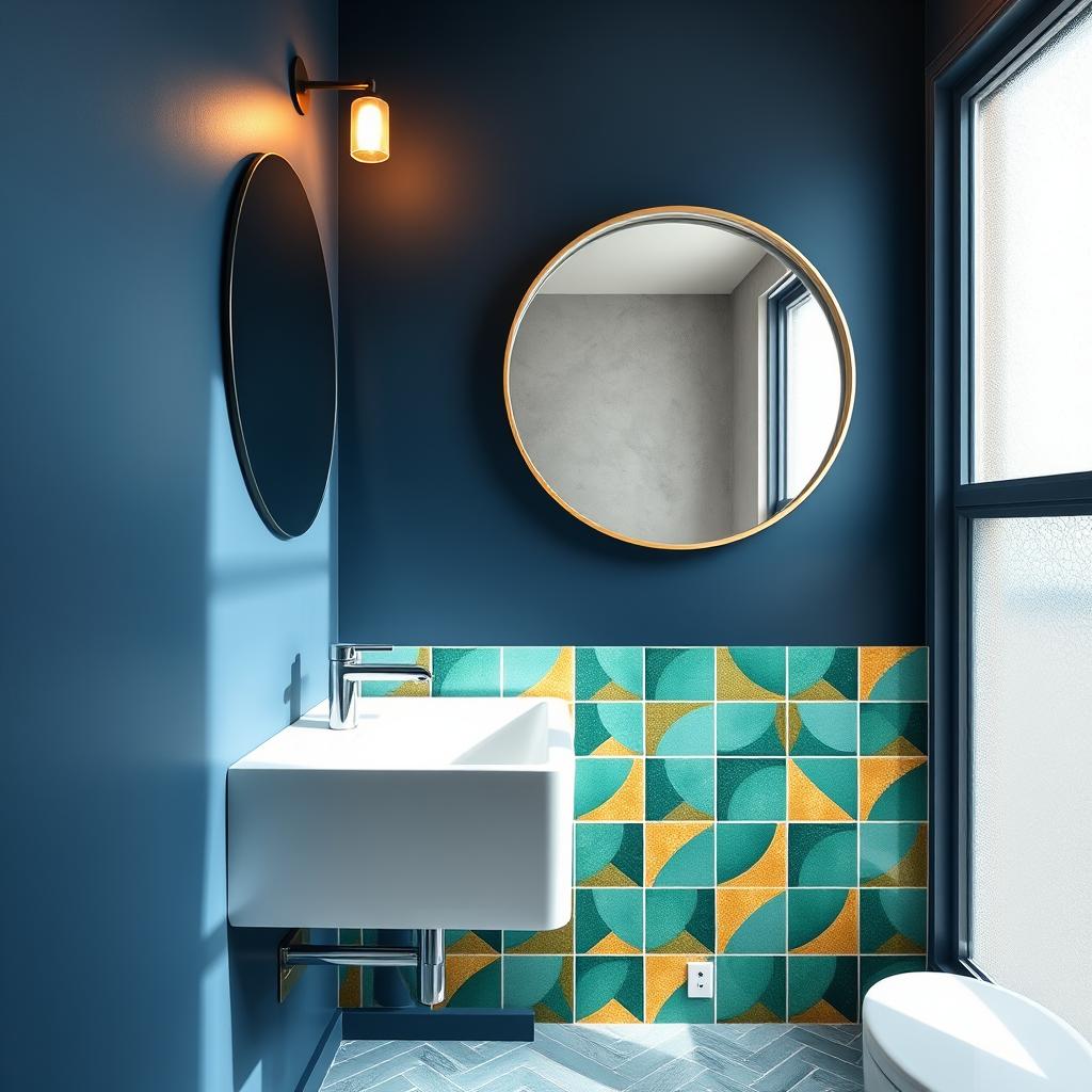 A stylish small bathroom featuring a bold accent wall painted in a deep navy blue, contrasting elegantly with vibrant geometric statement tiles in shades of green and gold. The foreground showcases a sleek white sink set against the accent wall, adorned with minimalist fixtures. In the middle ground, a large round mirror reflects ambient light from a ceiling fixture, enhancing the room's warmth. Soft natural light floods in through a frosted window, casting gentle shadows that create depth. The overall atmosphere is modern and inviting, with a sense of spaciousness. The composition is shot from a slightly elevated angle to capture both the wall and the tile details without visual clutter. Please exclude any people or text elements to maintain focus on the bathroom design. A stylish small bathroom featuring a bold accent wall painted in a deep navy blue, contrasting elegantly with vibrant geometric statement tiles in shades of green and gold. The foreground showcases a sleek white sink set against the accent wall, adorned with minimalist fixtures. In the middle ground, a large round mirror reflects ambient light from a ceiling fixture, enhancing the room's warmth. Soft natural light floods in through a frosted window, casting gentle shadows that create depth. The overall atmosphere is modern and inviting, with a sense of spaciousness. The composition is shot from a slightly elevated angle to capture both the wall and the tile details without visual clutter. Please exclude any people or text elements to maintain focus on the bathroom design.