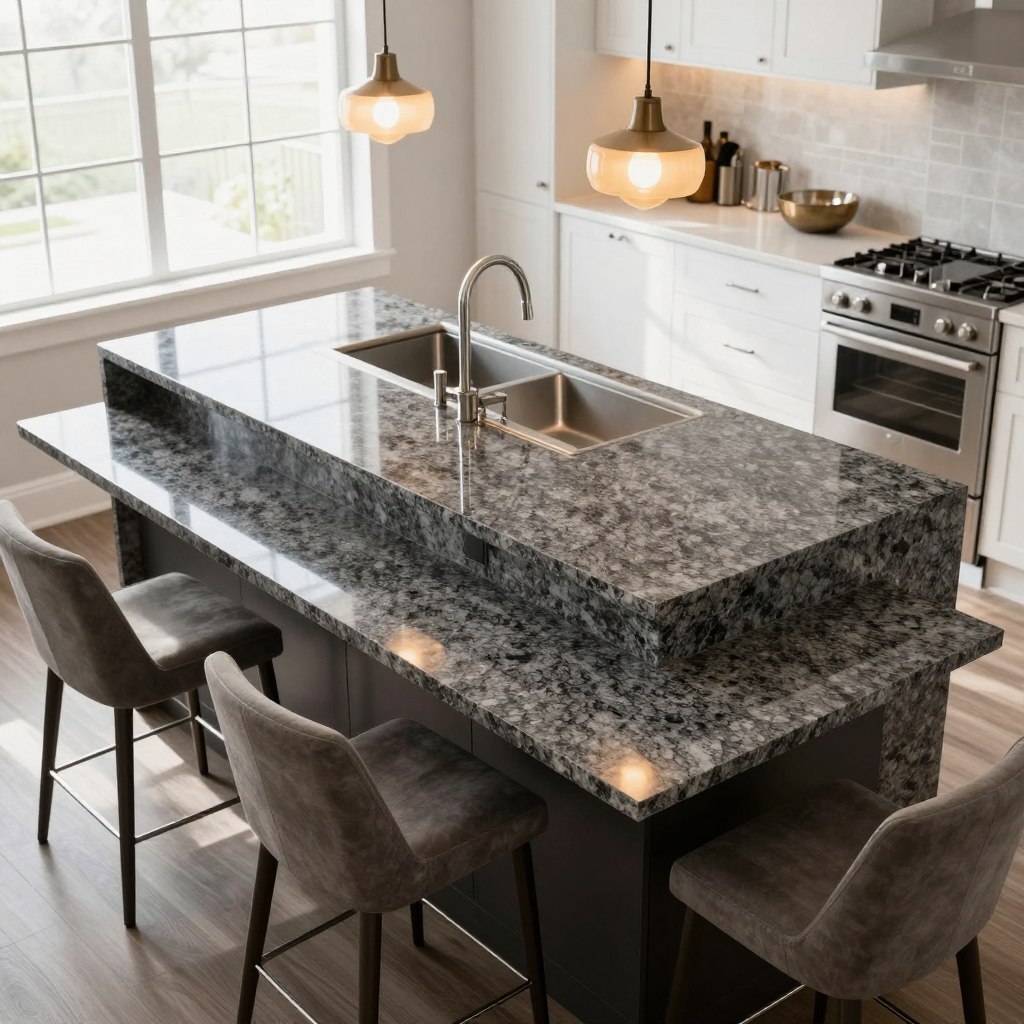 A stylish two-tiered kitchen island featuring a polished granite countertop, showcasing deep gray and black tones with subtle speckles. The upper tier serves as a sleek food prep area, while the lower tier offers ample seating with modern bar stools. Trendy pendant lighting hangs above, casting a warm glow and enhancing the elegant ambiance. The background reveals a contemporary kitchen with white cabinetry and stainless steel appliances, accentuating a blend of functionality and sophistication. The scene is well-lit with natural light streaming in from large windows, creating a welcoming atmosphere perfect for entertaining. The angle is a slight overhead view, capturing both tiers of the island and emphasizing its spacious design. A stylish two-tiered kitchen island featuring a polished granite countertop, showcasing deep gray and black tones with subtle speckles. The upper tier serves as a sleek food prep area, while the lower tier offers ample seating with modern bar stools. Trendy pendant lighting hangs above, casting a warm glow and enhancing the elegant ambiance. The background reveals a contemporary kitchen with white cabinetry and stainless steel appliances, accentuating a blend of functionality and sophistication. The scene is well-lit with natural light streaming in from large windows, creating a welcoming atmosphere perfect for entertaining. The angle is a slight overhead view, capturing both tiers of the island and emphasizing its spacious design.