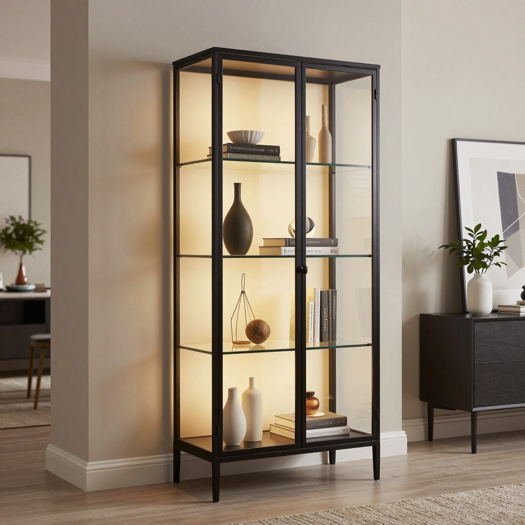 A tall standing glass display cabinet featuring a sleek black metal frame, elegantly showcasing a collection of decorative items such as vases, books, and art pieces. The cabinet is placed against a modern living room wall with neutral-toned paint, allowing its bold structure to stand out. Soft, warm lighting highlights the glass shelves, creating a cozy atmosphere and casting gentle reflections. The angle captures the cabinet from a slightly low perspective, emphasizing its height and design. The background includes minimalistic decor, such as a potted plant and abstract art, enhancing the contemporary feel of the space. The overall mood is stylish and inviting, perfect for modern living room decor.