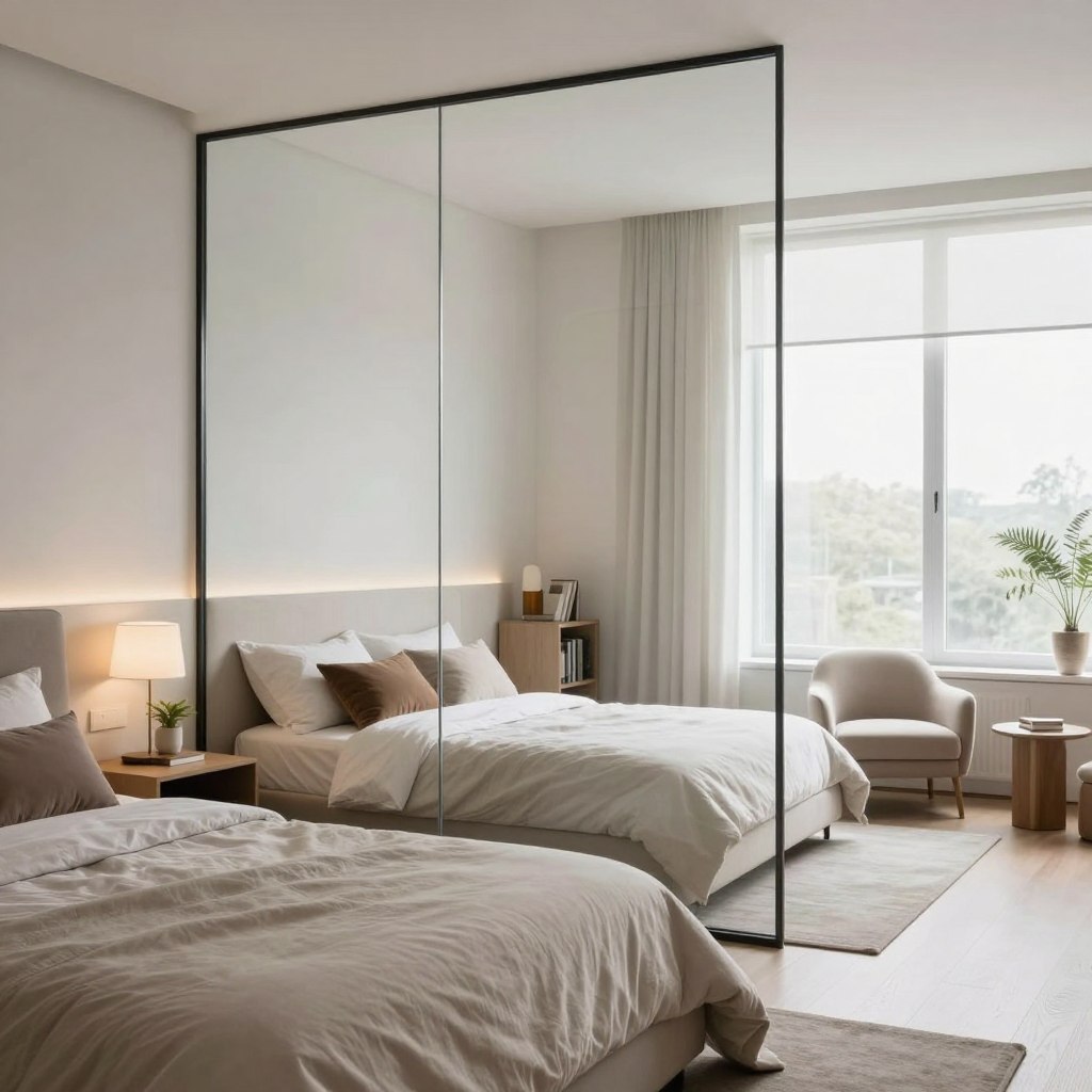 A trendy bedroom featuring a sleek glass partition that separates the sleeping area from a cozy reading nook. In the foreground, a modern bed dressed in soft neutral linens, adorned with a few decorative pillows. Next to it, a stylish bedside table with a minimalist lamp and a small plant. The middle ground showcases the glass partition, elegantly framed, allowing light to flow through while maintaining a sense of privacy. On the other side, a comfortable armchair and a small bookshelf create an inviting reading space. In the background, large windows let in soft, natural light, illuminating the room. The atmosphere is serene and airy, with a palette of soft whites and earthy tones, evoking a sense of modern elegance. The image captures the balance between comfort and sophistication, highlighting the use of glass in contemporary bedroom design.