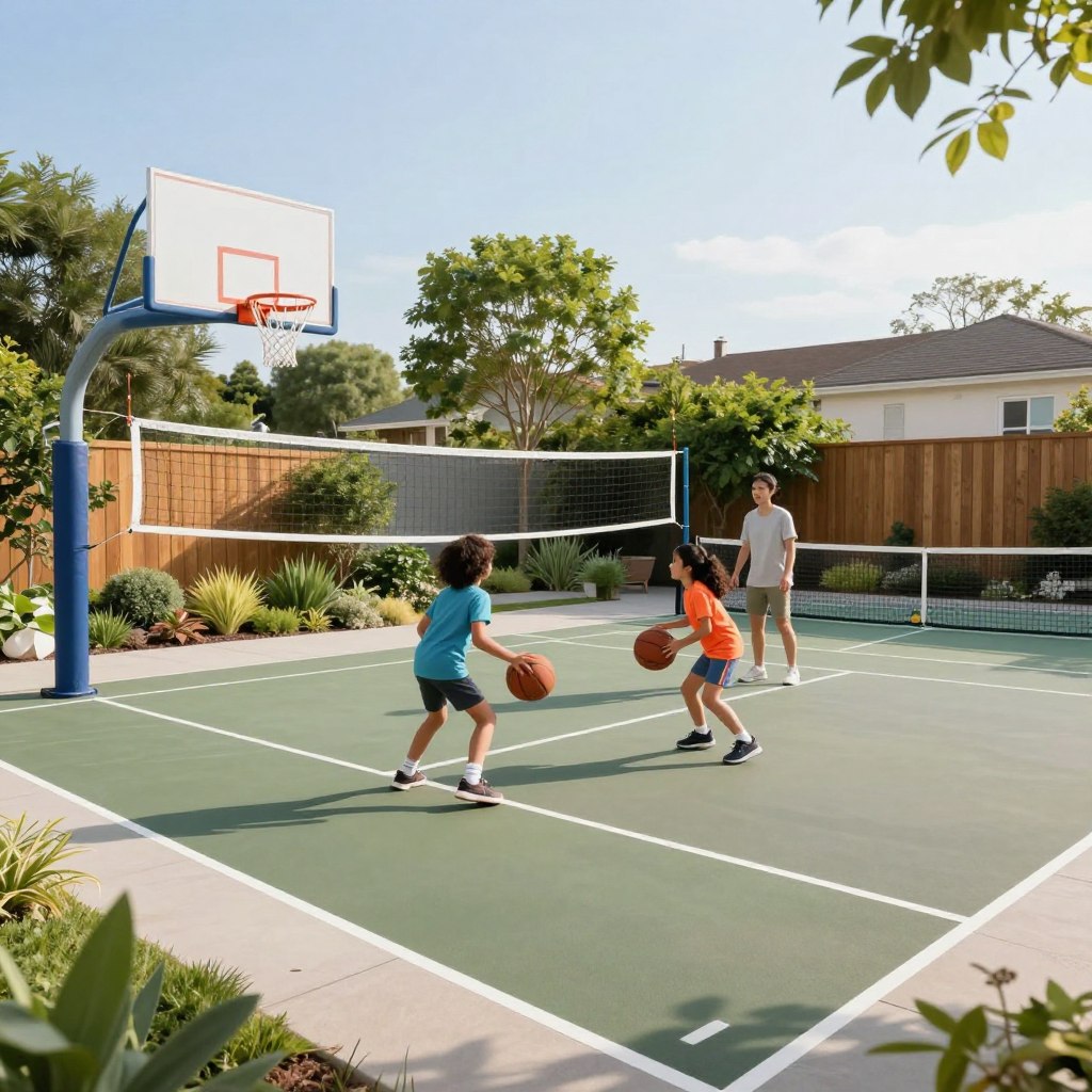A vibrant backyard sports and fitness court featuring a multi-use space with a basketball hoop, volleyball net, and a small tennis setup. In the foreground, two children are joyfully playing basketball, dressed in colorful athletic wear, while a parent watches nearby, encouraging them. The middle ground includes a smooth, well-maintained surface with court lines clearly painted, surrounded by a variety of greenery, including shrubs and small trees that provide a refreshing atmosphere. In the background, a wooden fence adds privacy, and a clear blue sky filters soft sunlight, creating a bright and inviting mood. The scene captures an active family lifestyle, with a focus on fun and fitness in a contemporary backyard setting, shot from a slightly elevated angle to encompass the entire court, ensuring a dynamic perspective.