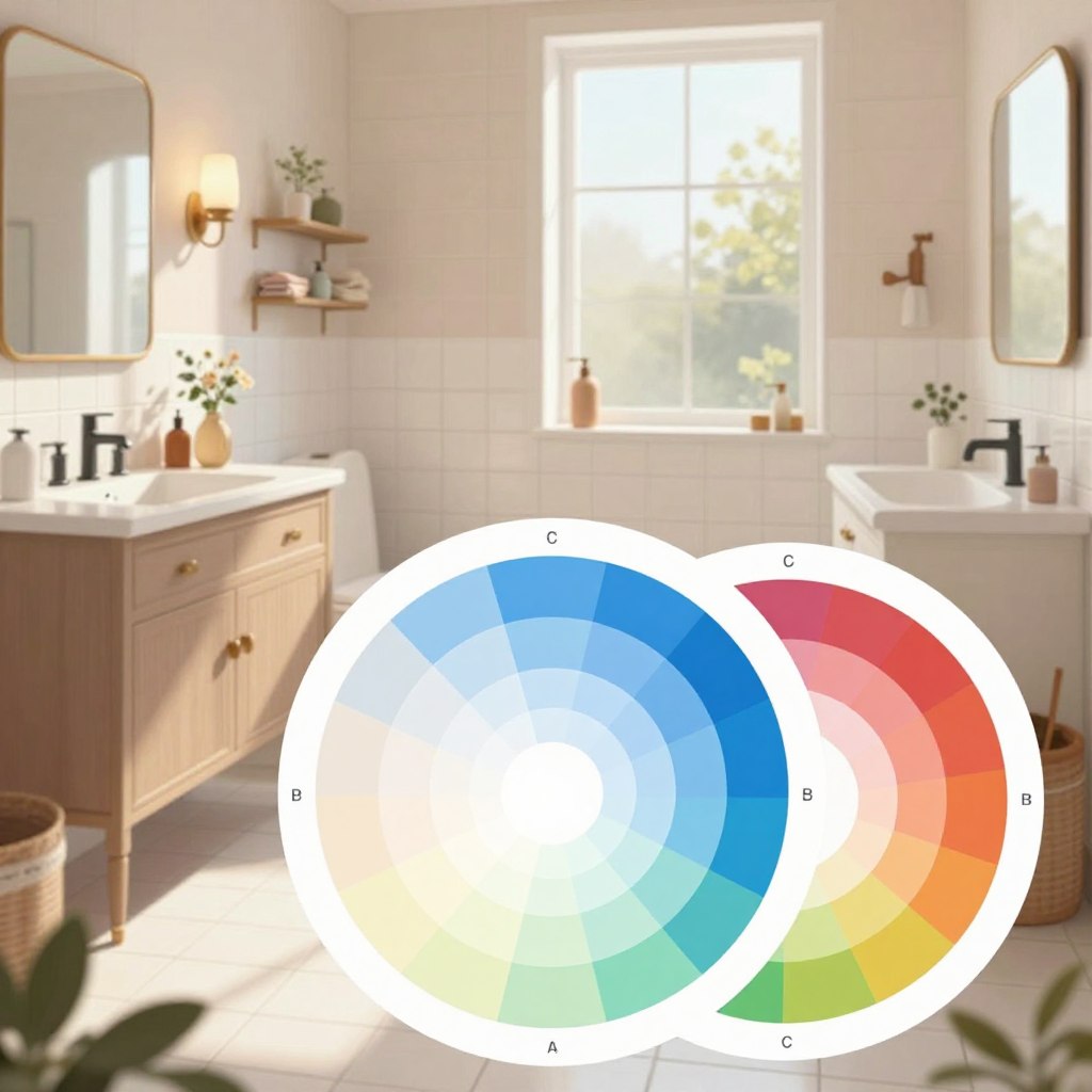 A visually engaging illustration of color theory basics for bathroom color schemes, focusing on complementary, analogous, and triadic color relationships. In the foreground, display a color wheel showcasing harmonious combinations of colors like soft pastels, vibrant blues, earthy greens, and warm neutrals that work beautifully with white tiles. In the middle ground, incorporate sample bathroom arrangements, including elegant vanities, modern fixtures, and subtle decorative elements that emphasize the color theories. The background should feature a serene bathroom setting with natural light streaming through a frosted window, casting soft shadows and creating a calming atmosphere. The overall mood should be inviting and inspiring, encouraging readers to visualize ideal color options for their bathrooms. Use a warm color palette to evoke comfort and tranquility while maintaining clarity and focus on the color concepts presented.