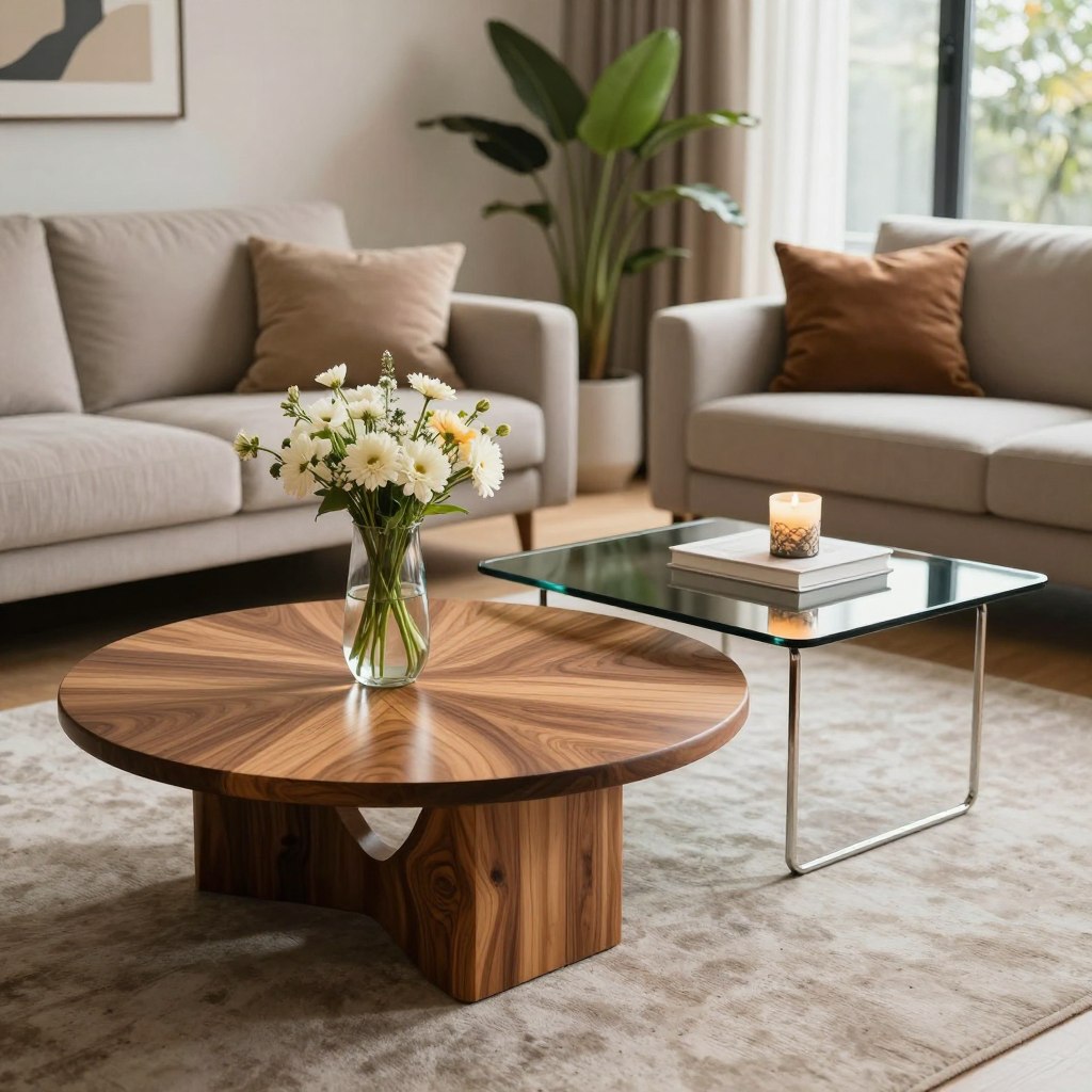 A visually striking comparison of round and square coffee tables set in a modern living room. In the foreground, prominently display a round coffee table made of polished wood with intricate grain patterns, featuring a stylish vase with fresh flowers. Next to it, a square coffee table in a contrasting material, like glass or metal, with a geometric design, adorned with a sleek book and a decorative candle. The middle ground showcases a well-furnished living room setting, with a cozy sofa and tasteful decor, illuminated by warm, natural light coming from a large window. In the background, elements like plants and artwork enhance the atmosphere, creating an inviting, contemporary vibe. The overall mood should evoke a sense of elegance and tranquility, inviting viewers to consider the practical and aesthetic benefits of each table shape.