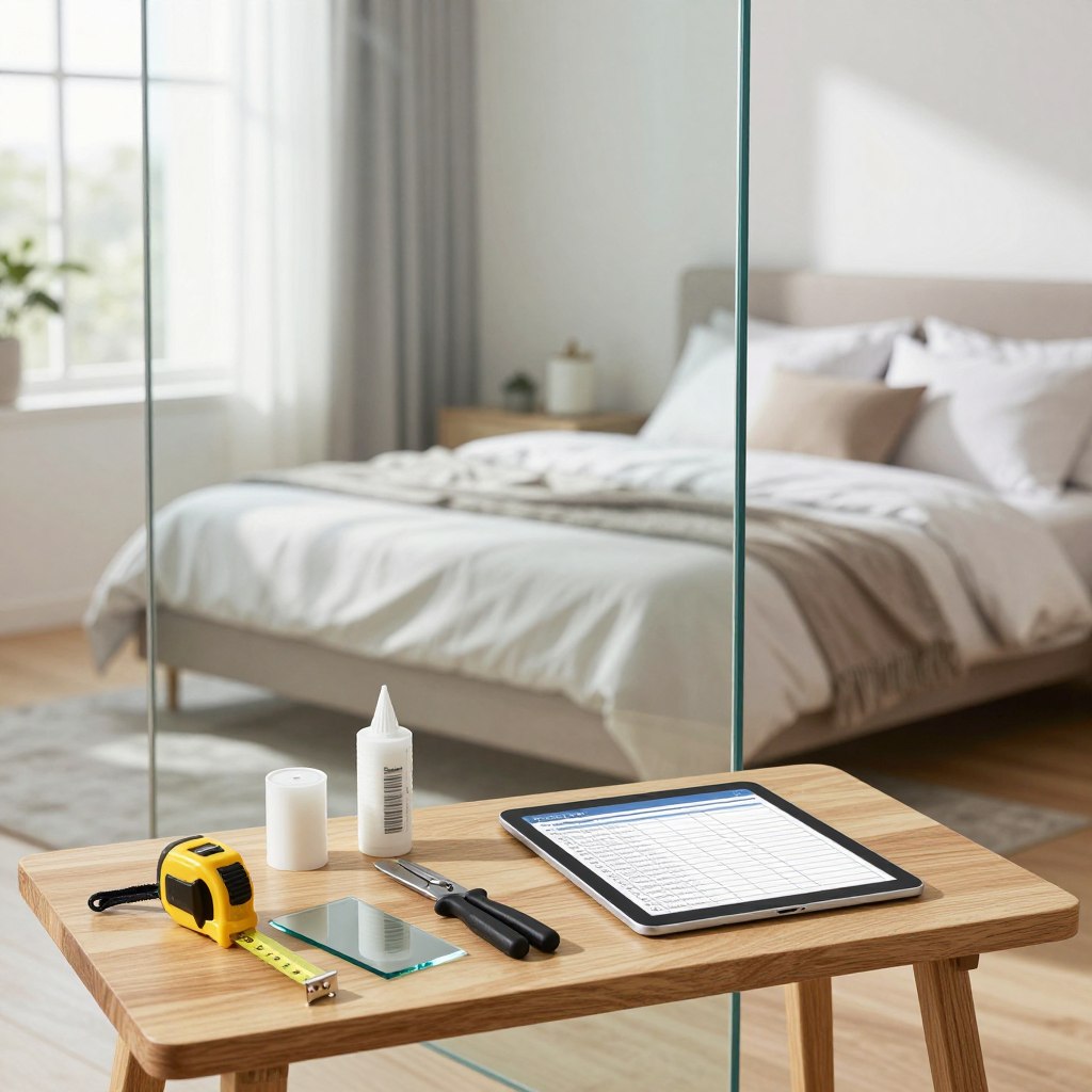 A well-organized implementation guide for glass bedroom privacy in a bright, modern interior setting. In the foreground, a small wooden table showcases an array of essential tools: measuring tape, glass cutters, adhesive, and a sleek, digital checklist on a tablet. In the middle ground, a partially translucent glass wall divides the bedroom, providing a stylish yet private atmosphere. The background features a comfortable bed adorned with elegant bedding, while natural light streams in through large windows, casting soft shadows. The overall mood is practical and inviting, highlighting a contemporary approach to privacy solutions in a stylish bedroom. The image should be clear, well-lit, and visually appealing, emphasizing a sense of organization and modern living.