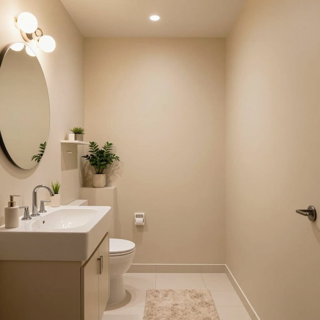 A windowless bathroom featuring creamy oatmeal paint on the walls, creating a warm and inviting atmosphere. The foreground showcases a sleek, modern sink with elegant fixtures, and a plush, neutral-colored bath mat. The middle ground includes a large, round mirror reflecting soft, ambient light from a stylish overhead fixture, enhancing the tranquility of the space. In the background, subtle greenery in stylish planters and minimalist shelving units add a touch of freshness and warmth. The lighting is soft and diffused, creating a cozy and welcoming ambiance. The camera angle is slightly elevated, providing a broad view of the room’s harmonious design. Overall, the mood is serene and uplifting, showcasing the beauty of the creamy oatmeal color in a confined space. A windowless bathroom featuring creamy oatmeal paint on the walls, creating a warm and inviting atmosphere. The foreground showcases a sleek, modern sink with elegant fixtures, and a plush, neutral-colored bath mat. The middle ground includes a large, round mirror reflecting soft, ambient light from a stylish overhead fixture, enhancing the tranquility of the space. In the background, subtle greenery in stylish planters and minimalist shelving units add a touch of freshness and warmth. The lighting is soft and diffused, creating a cozy and welcoming ambiance. The camera angle is slightly elevated, providing a broad view of the room’s harmonious design. Overall, the mood is serene and uplifting, showcasing the beauty of the creamy oatmeal color in a confined space.
