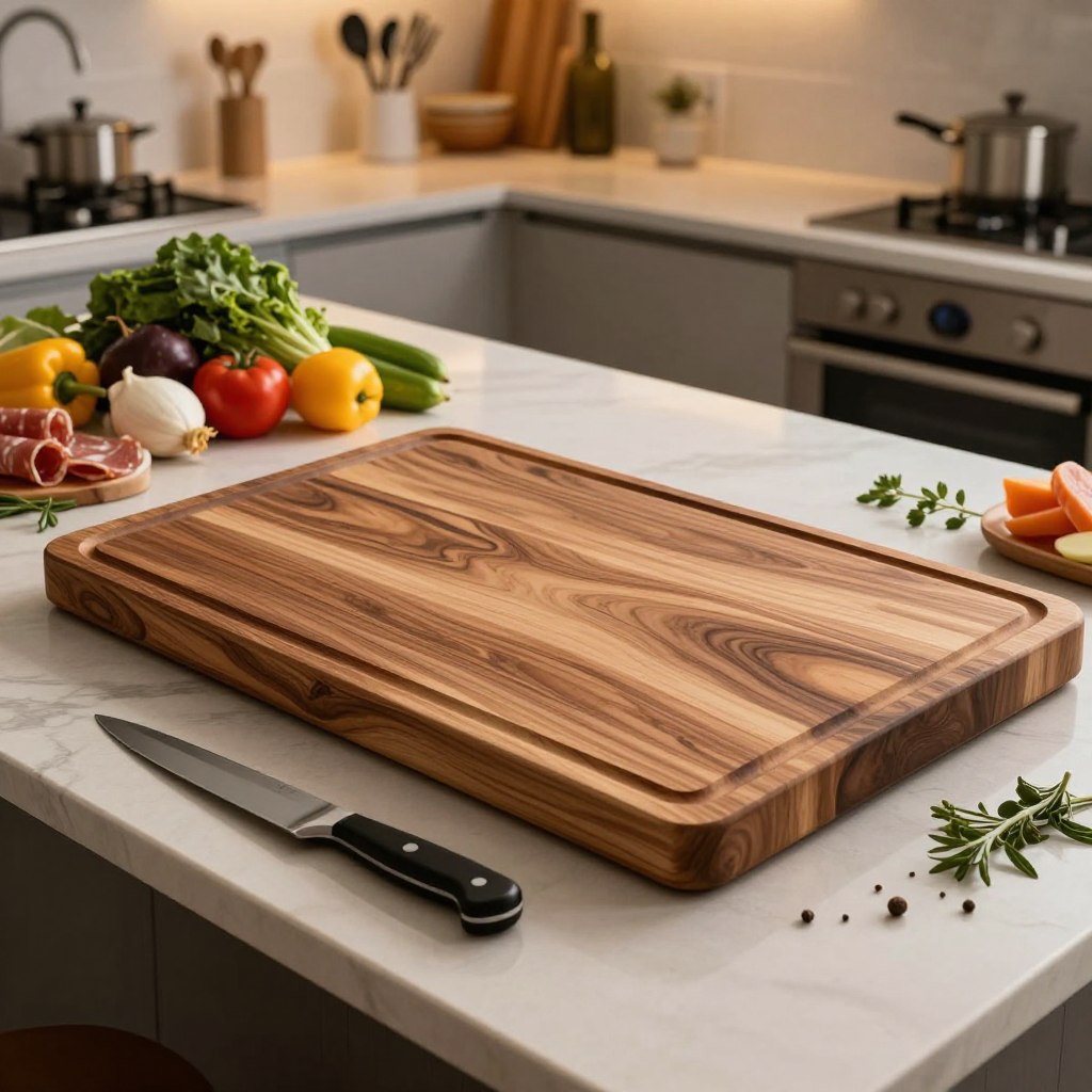 An artisanal cutting board positioned prominently on a spacious kitchen island, adorned with an array of fresh ingredients such as vibrant vegetables, ripe fruits, and scattered herbs. The cutting board features intricate wood grain patterns, showcasing expert craftsmanship. In the foreground, a sleek knife rests alongside a few charcuterie items, hinting at culinary creativity. The middle ground displays the kitchen island's elegant surface, with modern utensils and decorative elements enhancing the vibe. The background features soft, warm lighting that highlights the natural tones of the wood and creates a cozy, inviting atmosphere. Capture the scene from a slightly elevated angle to encompass the full beauty of this luxurious kitchen centerpiece, evoking a sense of warmth and artisanal charm.