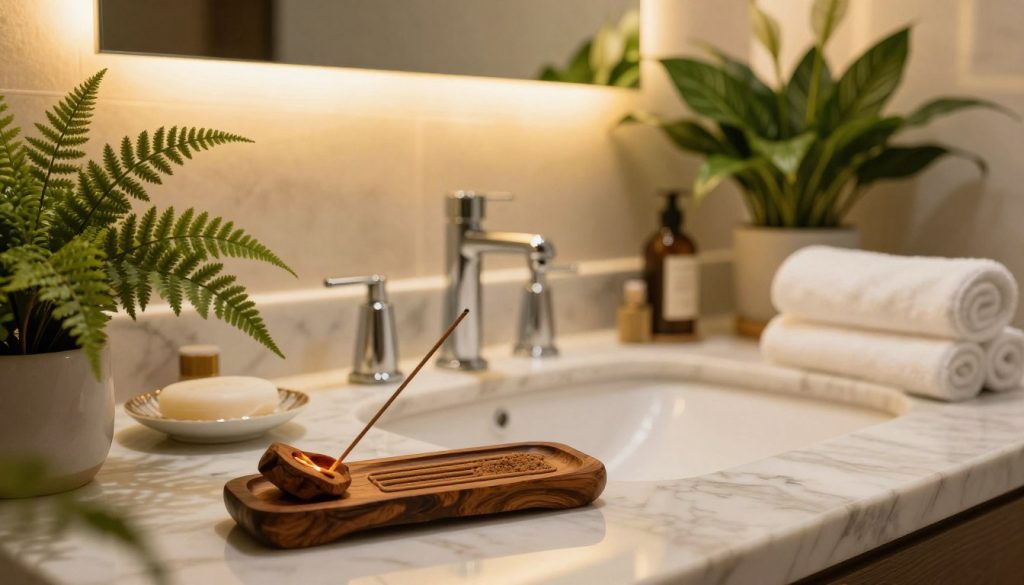 An elegant bathroom setting featuring a luxurious sandalwood fragrance display. In the foreground, a beautifully crafted wooden incense holder with glowing sandalwood incense sticks. The middle ground showcases a polished marble sink adorned with exquisite bath accessories, including a delicate soap dish and plush towels. Soft, golden lighting filters through frosted glass windows, casting a warm ambiance. In the background, lush green plants, such as ferns and peace lilies, add a touch of nature. The overall atmosphere is serene and sophisticated, evoking the essence of a 5-star hotel bathroom. Capture the soothing vibrations of sandalwood with an emphasis on warmth and tranquility, using a soft focus lens to enhance the dreamlike quality of the scene.