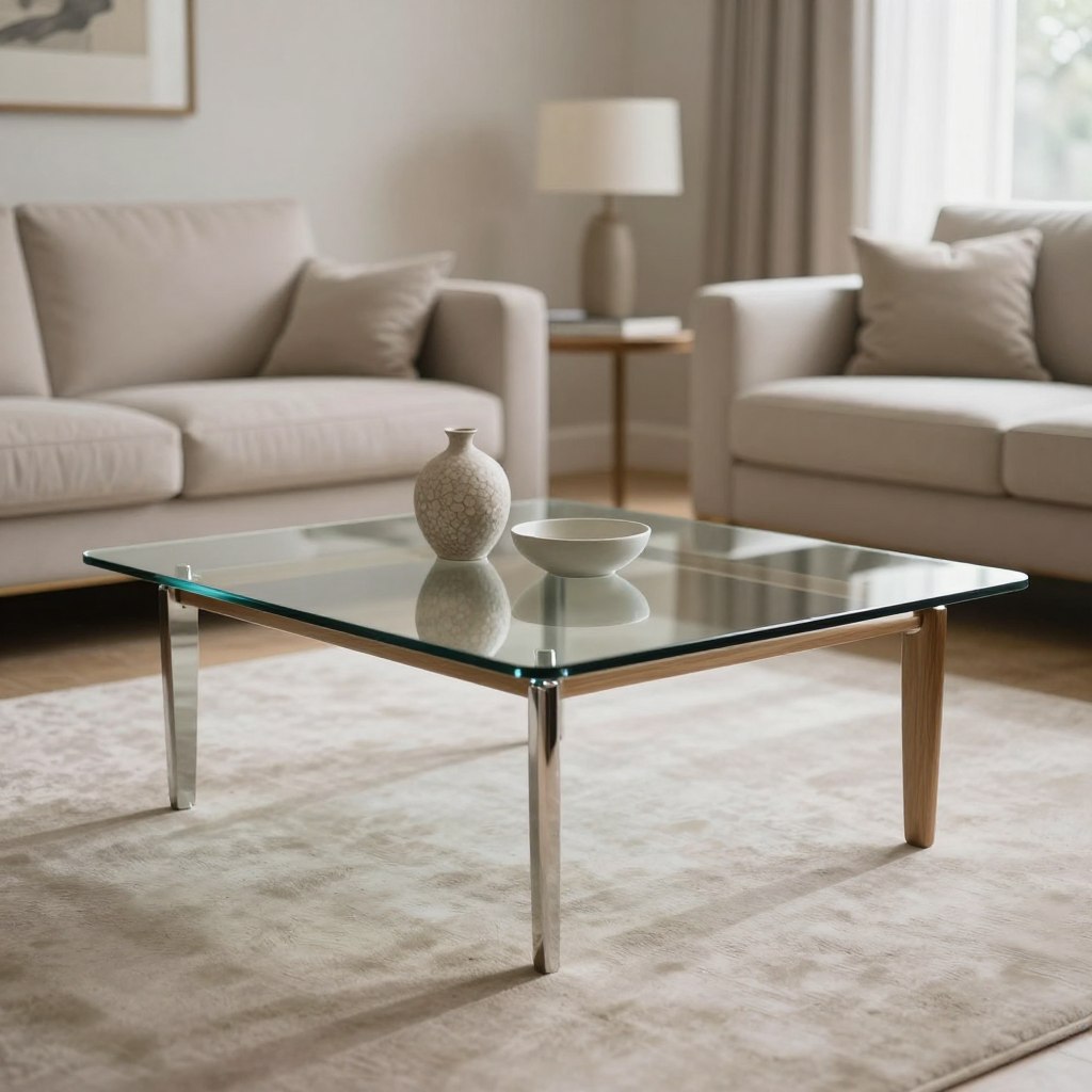An elegant glass coffee table takes center stage in a light, airy modern living room. The table features a minimalist design with a sleek, tempered glass top and subtly accented details, such as polished metal legs or a delicate wooden frame. The foreground showcases the table's reflective surface, catching soft natural light and casting gentle shadows on the floor. In the middle, a tastefully arranged decorative setup enhances the table's elegance, with a few small, stylish objects like a textured vase and a simple ceramic bowl. The background consists of a tastefully decorated living room with neutral-toned walls, a cozy sofa, and a subtle piece of artwork. The overall atmosphere is serene and sophisticated, evoking a sense of refined luxury while maintaining a minimalist aesthetic.