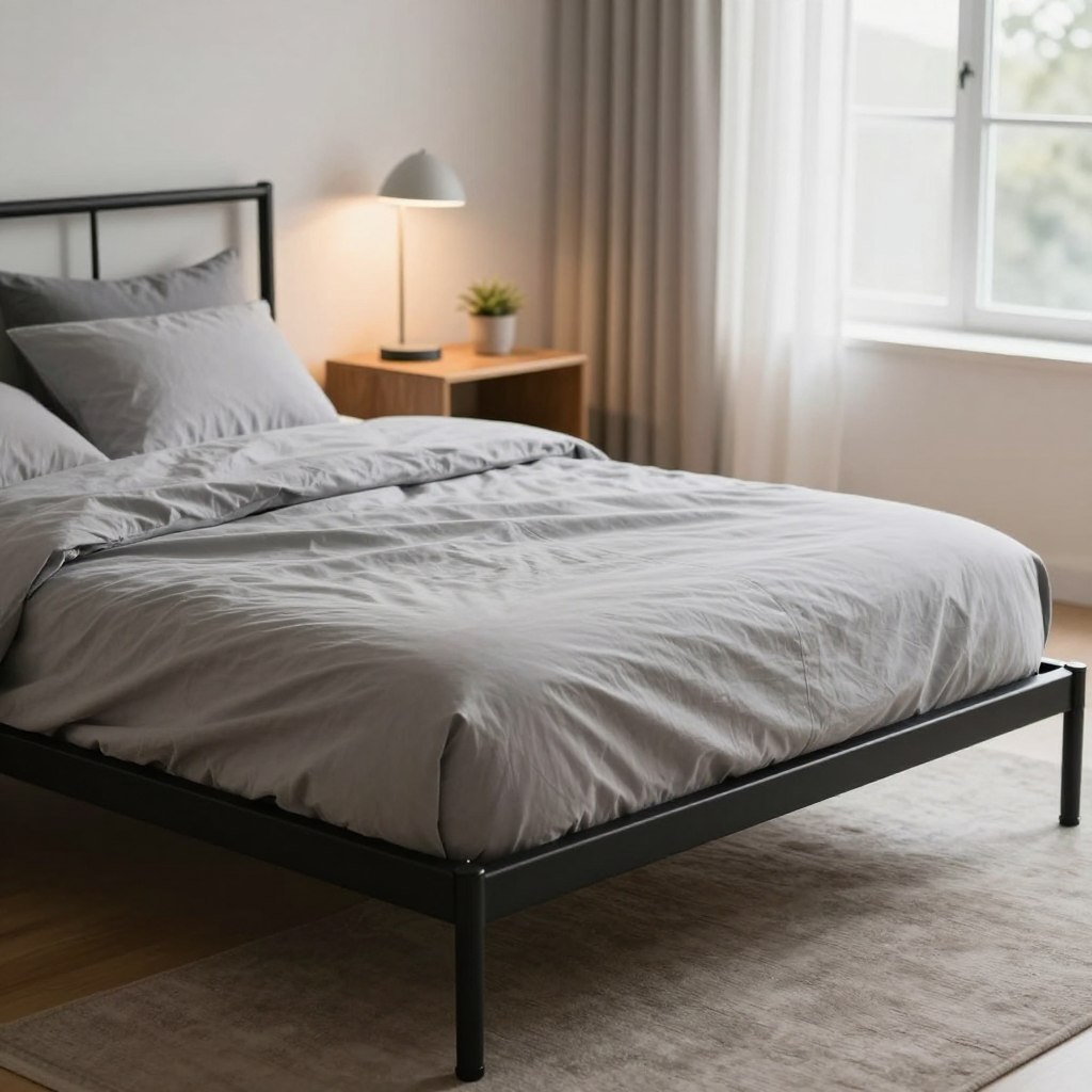 An elegant industrial metal frame platform bed, showcasing a minimalist design with a sleek black finish and a low-profile silhouette. The bed features clean lines and a sturdy metal construction, emphasizing modern simplicity. In the foreground, a plush gray bedding set contrasts beautifully with the frame, neatly arranged with soft pillows. The middle ground includes an inviting wooden nightstand, minimalist in style, adorned with a sleek lamp and a small potted plant. The background is softly blurred to suggest a cozy bedroom atmosphere filled with natural light, streaming through a large window with sheer curtains. The lighting is warm and inviting, enhancing the serene mood of the scene, captured from a slightly elevated angle to provide a comprehensive view of the bed and its surroundings.