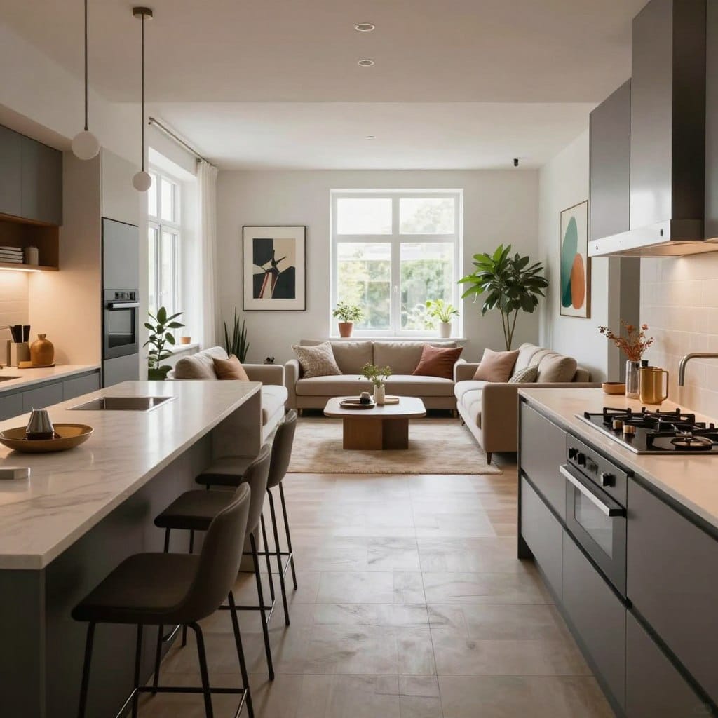 An elegant open concept kitchen seamlessly flowing into a stylish living room. In the foreground, modern kitchen islands with sleek countertops, featuring a minimalist design, bar stools, and essential appliances. In the middle, a cozy living space with a plush sofa, a coffee table, and tasteful decor, emphasizing correct furniture scaling and arrangement. In the background, large windows allow natural light to flood the area, showcasing tasteful wall art and indoor plants for a vibrant atmosphere. Soft, inviting lighting enhances the mood, while a wide-angle lens captures the entire space, giving depth. The scene embodies a modern, functional layout, avoiding common open concept mistakes with balance and harmony in design.