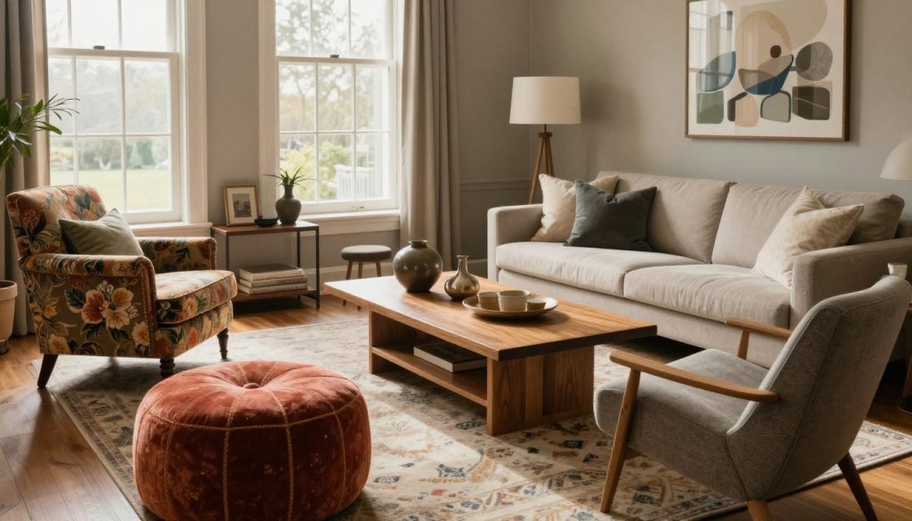 An inviting living room showcasing eclectic seating choices, featuring a traditional, richly upholstered armchair with floral patterns on one side, contrasted by a sleek, contemporary angular sofa in a neutral fabric on the opposite side. In the foreground, a plush, vintage ottoman adds a pop of color, while a modern lounge chair completes the mix. The middle section includes a warm wooden coffee table adorned with stylish decor. Soft, natural light pours in through large windows, casting gentle shadows, creating a cozy atmosphere. A stylish area rug unifies the seating, and various decorative elements add personality. The room reflects a harmonious blend of styles, emphasizing timeless appeal with a welcoming vibe. The image should convey comfort and creativity.