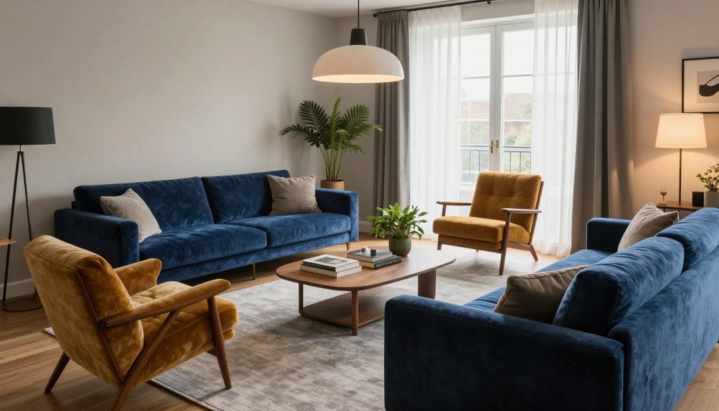 An inviting open floor plan featuring a mix of different seating styles, showcasing a cozy, modern living room. In the foreground, a plush, deep blue velvet sofa paired with a stylish mid-century armchair in a warm mustard tone. In the middle, an eclectic arrangement of low-profile coffee tables with decorative books and plants, surrounded by a light gray area rug. The background includes a large window with soft sheer curtains, allowing natural light to fill the room, enhancing the inviting atmosphere. Warm, dim lighting from stylish pendant fixtures above adds to the cozy vibe. The scene evokes a harmonious blend of comfort and creativity, ideal for a contemporary home setting.