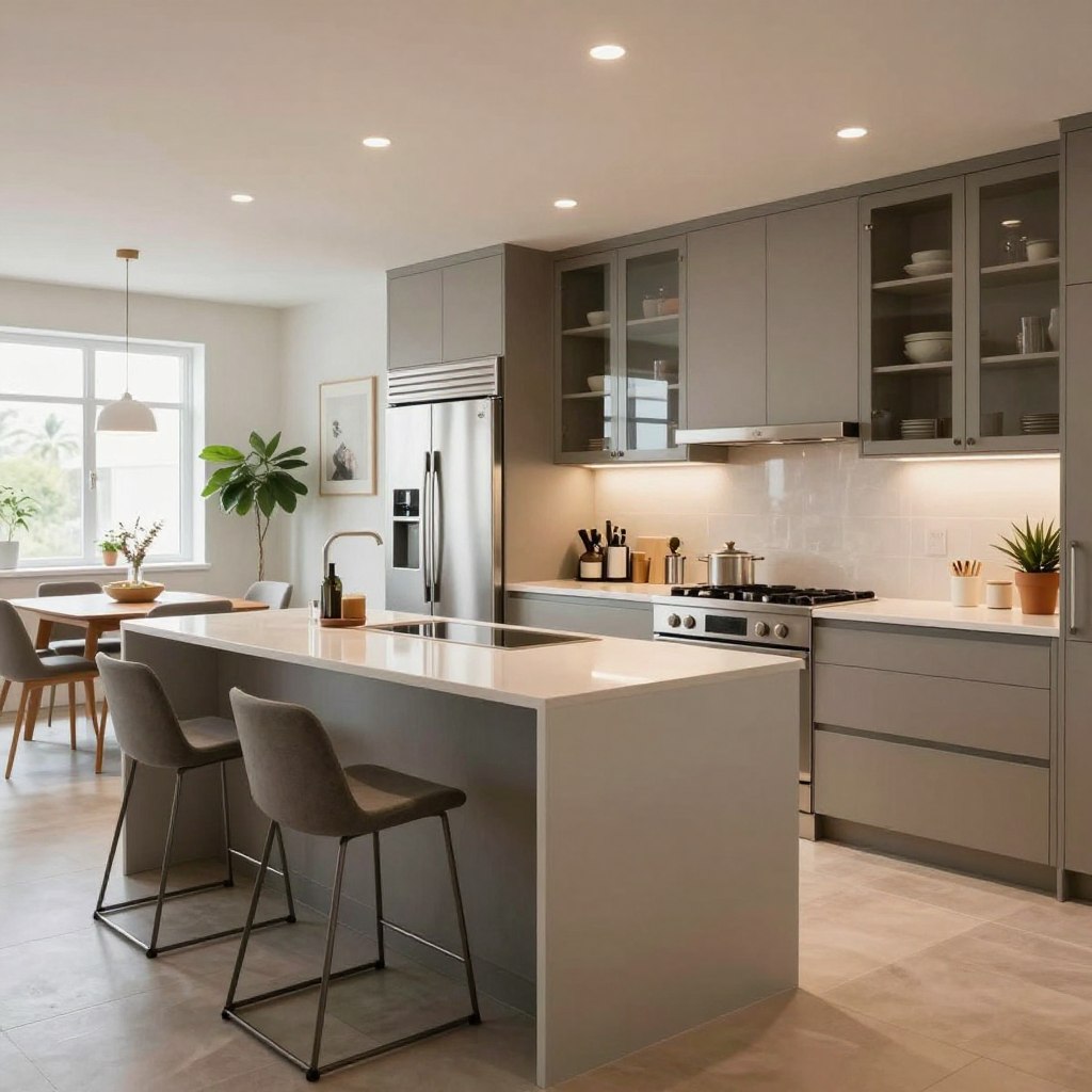 An open kitchen design focused on maximizing space, featuring a sleek, modern layout. In the foreground, a minimalist kitchen island with storage, complemented by contemporary bar stools. The middle background showcases stainless steel appliances, an integrated refrigerator, and elegant cabinetry with glass fronts, reflecting natural light. A stylish dining nook positioned near a window with plants adds a touch of warmth. The background reveals an open floor plan leading to a bright living area, enhancing the sense of space. Soft, diffused lighting creates a welcoming atmosphere. The scene captures a harmonious blend of functionality and style, showcasing the beauty of a spacious open kitchen. No people are present, ensuring a clean and uncluttered look.